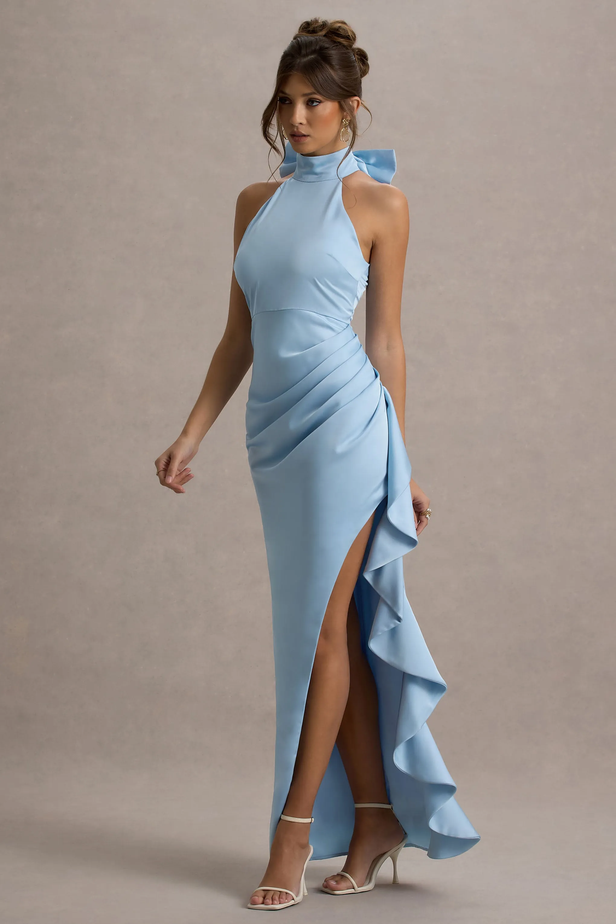 Maureen | Powder Blue Satin High-Neck Draped Maxi Dress Club L London