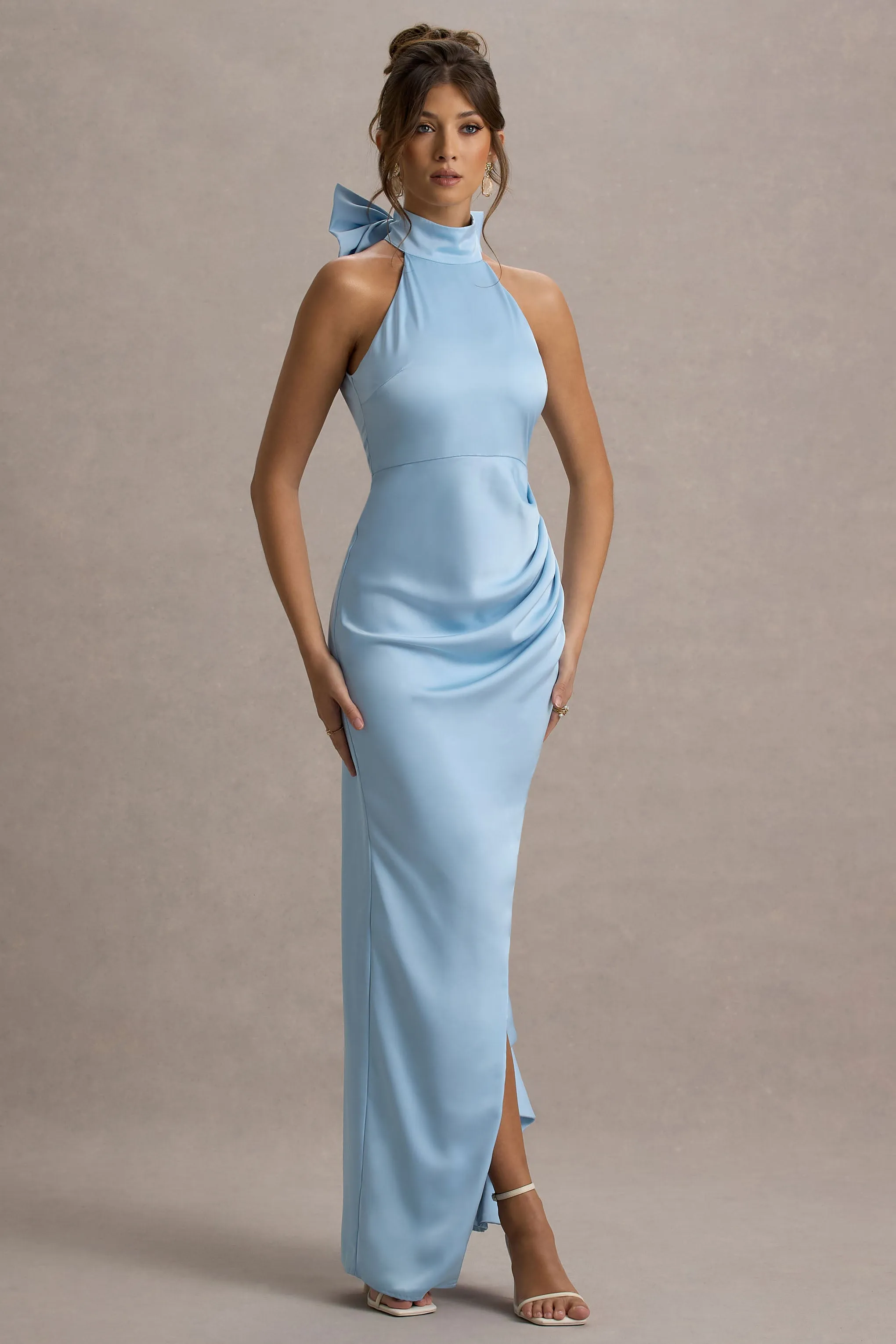 Maureen | Powder Blue Satin High-Neck Draped Maxi Dress Club L London