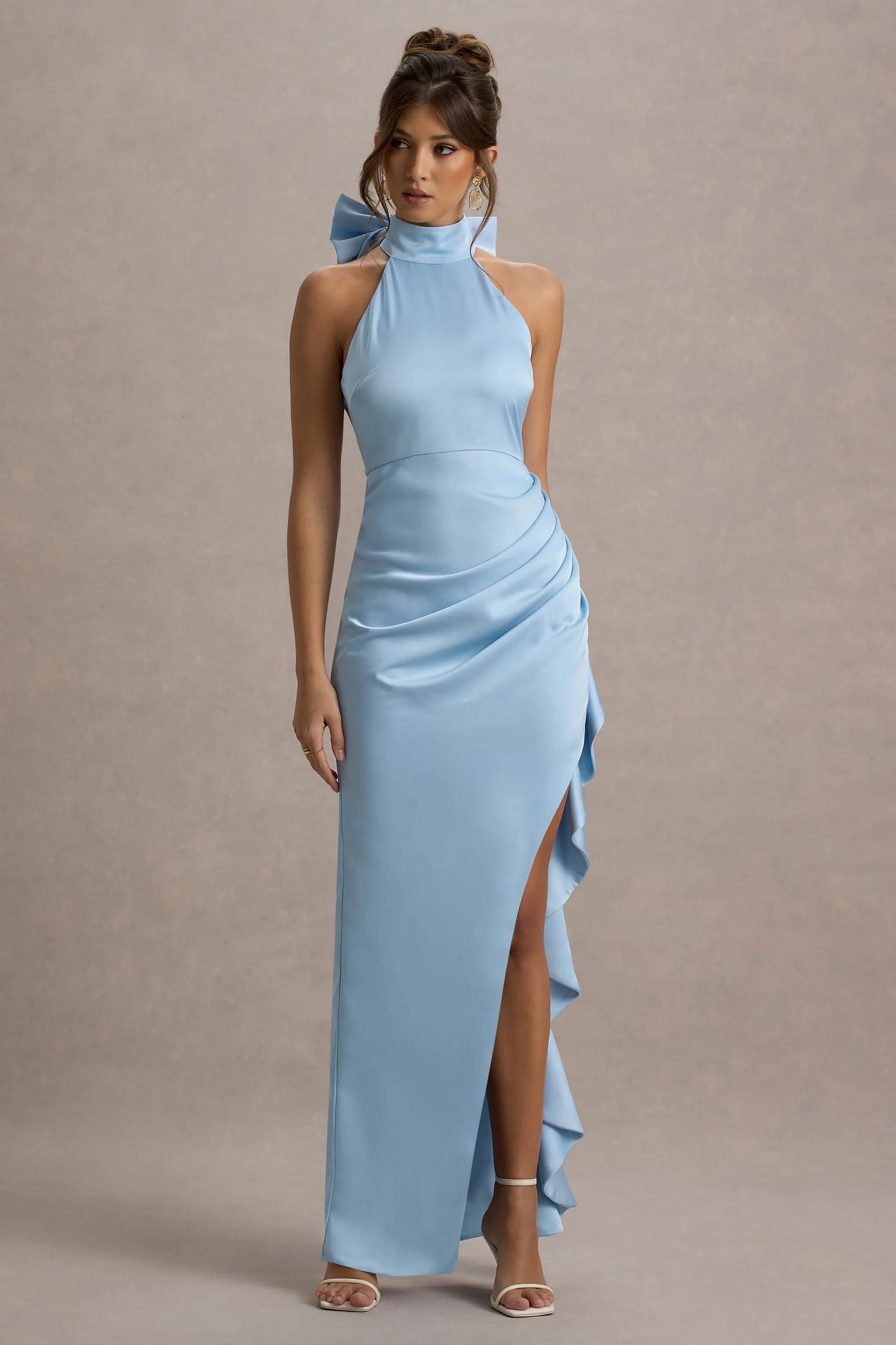 Maureen | Powder Blue Satin High-Neck Draped Maxi Dress Club L London