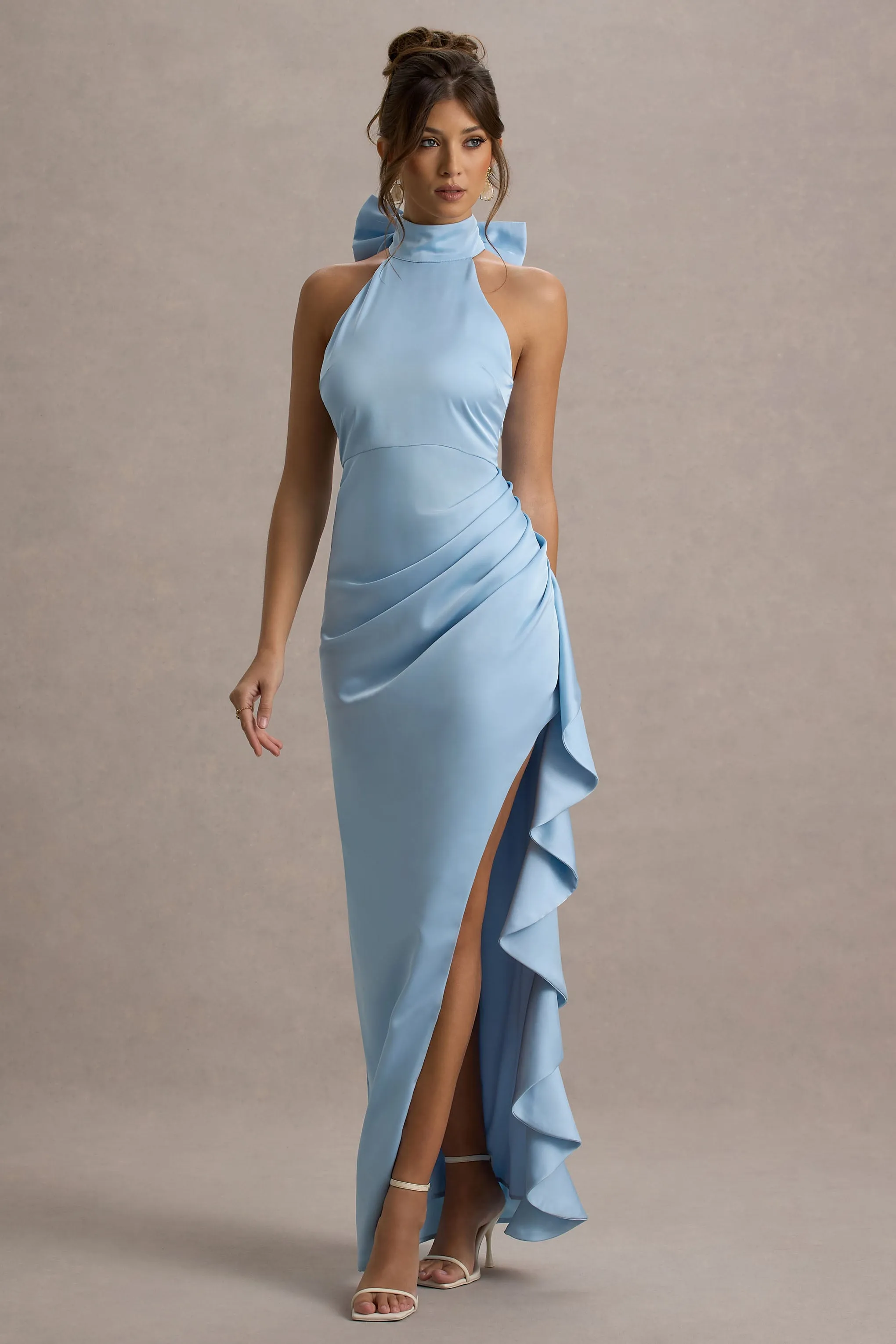Maureen | Powder Blue Satin High-Neck Draped Maxi Dress Club L London