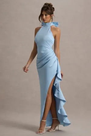 Maureen | Powder Blue Satin High-Neck Draped Maxi Dress Club L London