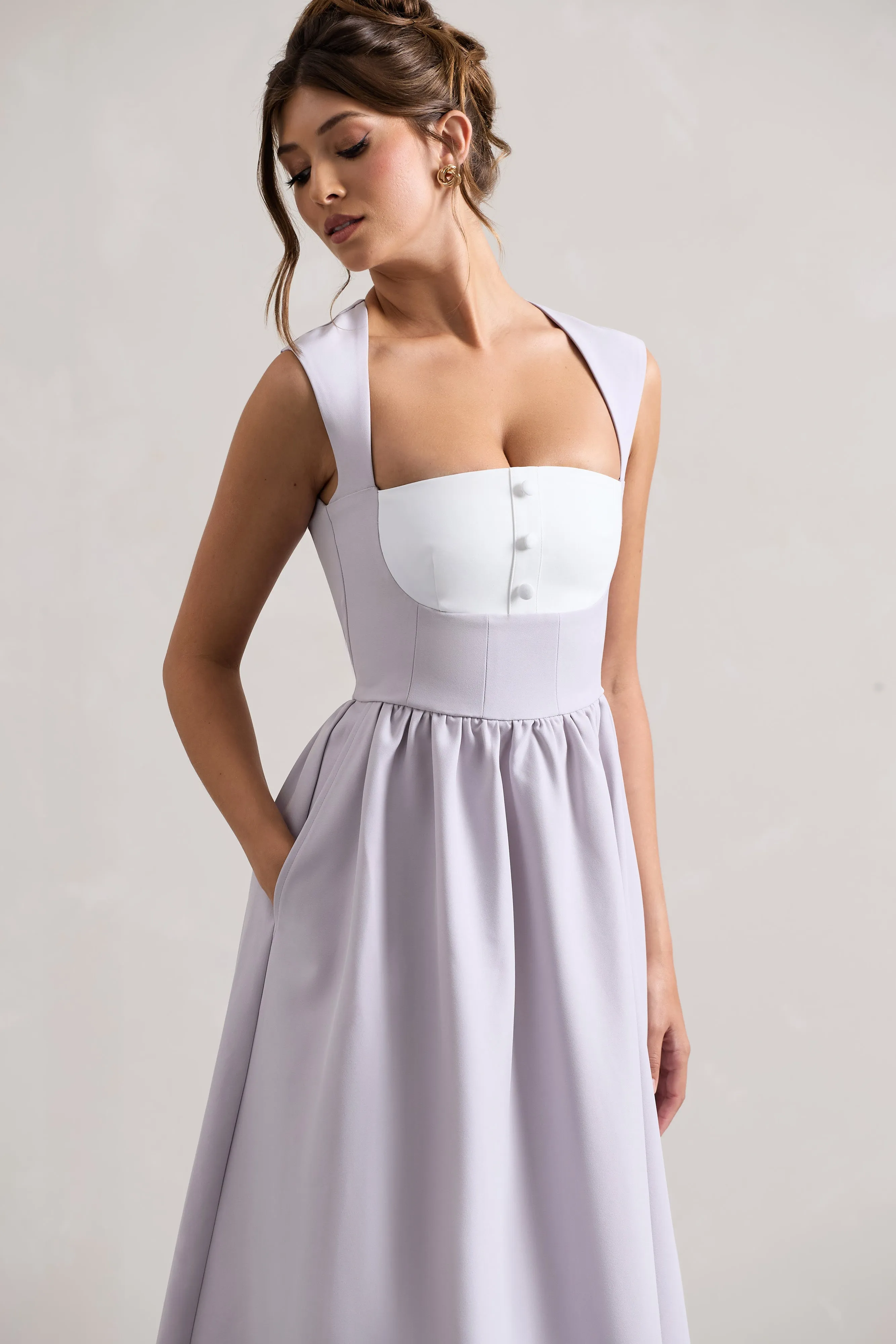 Maybelle | Mauve Square-Neck Corset Skater Maxi Dress Club L London