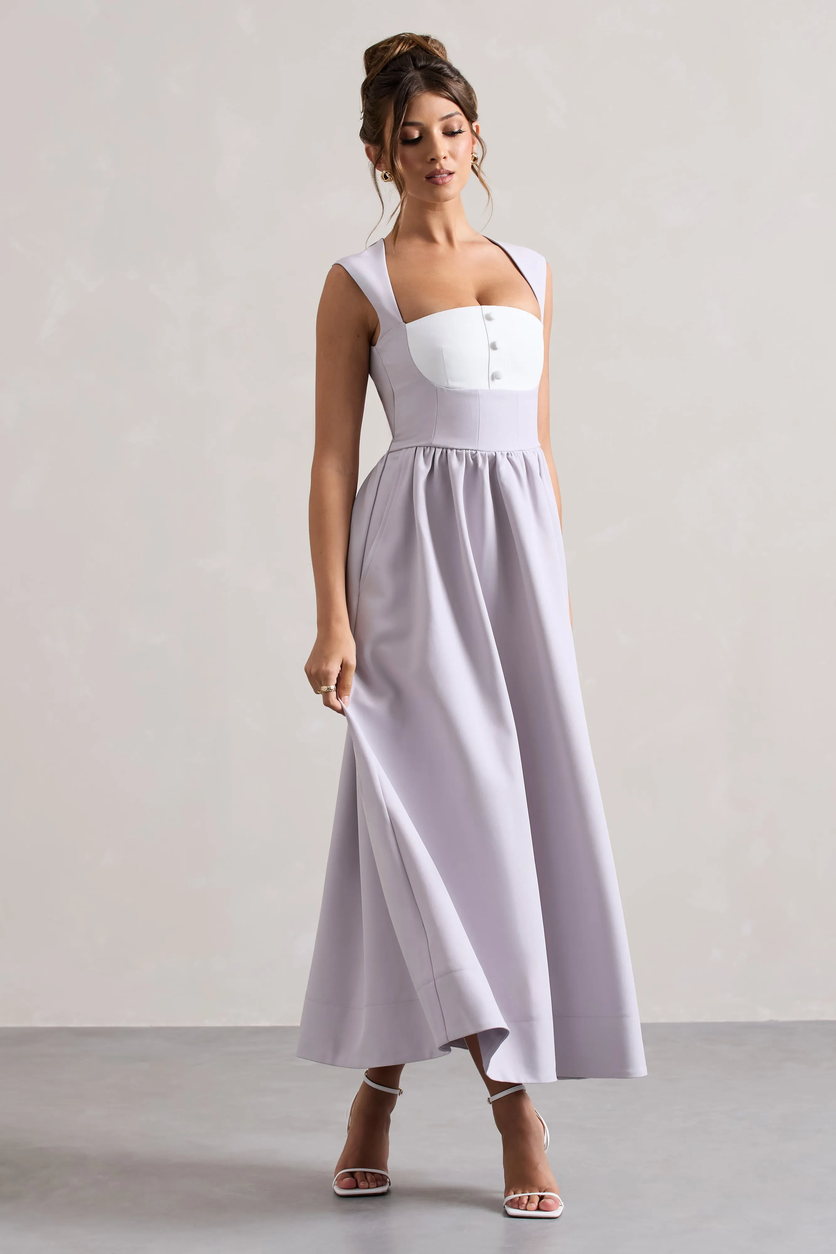 Maybelle | Mauve Square-Neck Corset Skater Maxi Dress Club L London