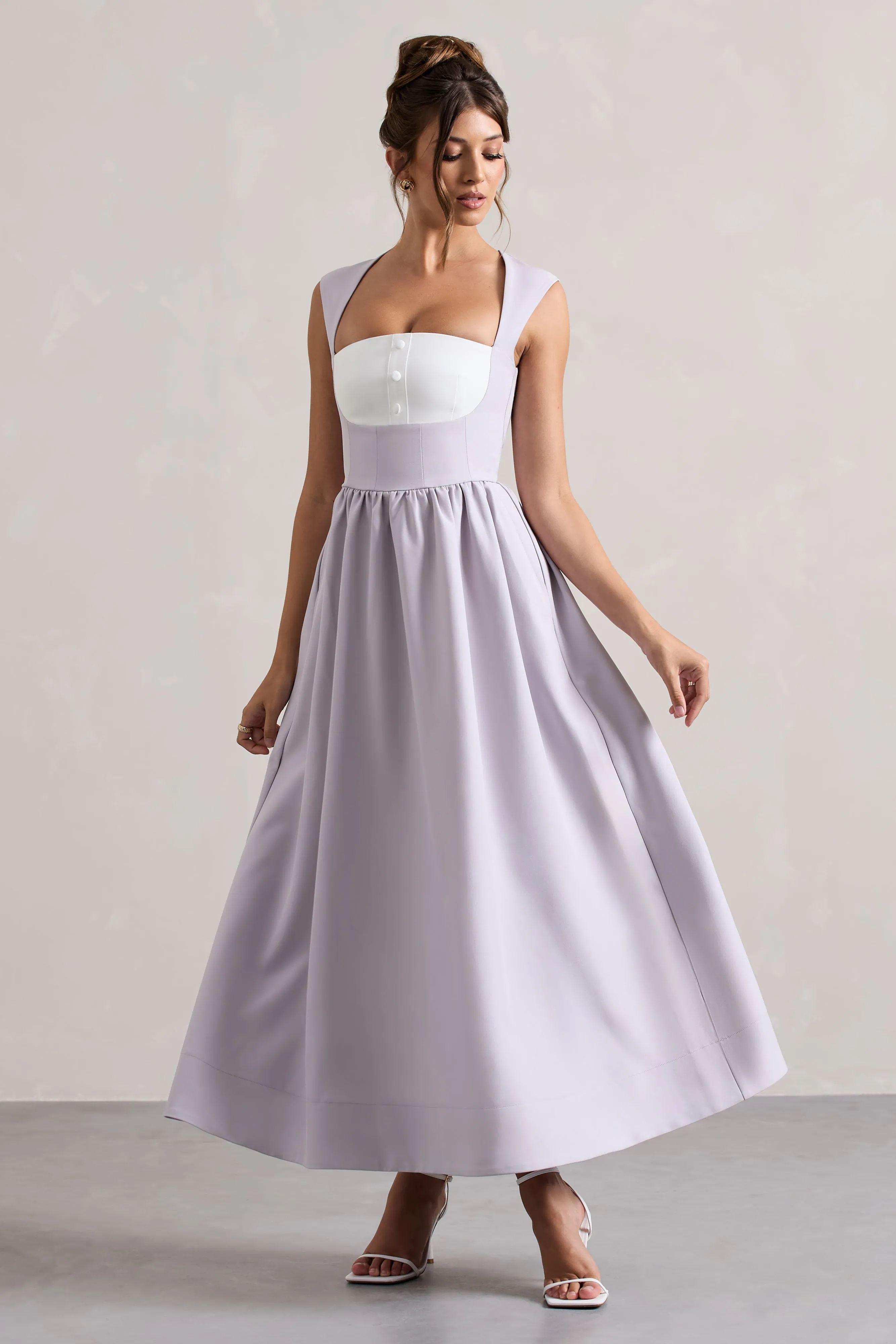 Maybelle | Mauve Square-Neck Corset Skater Maxi Dress Club L London
