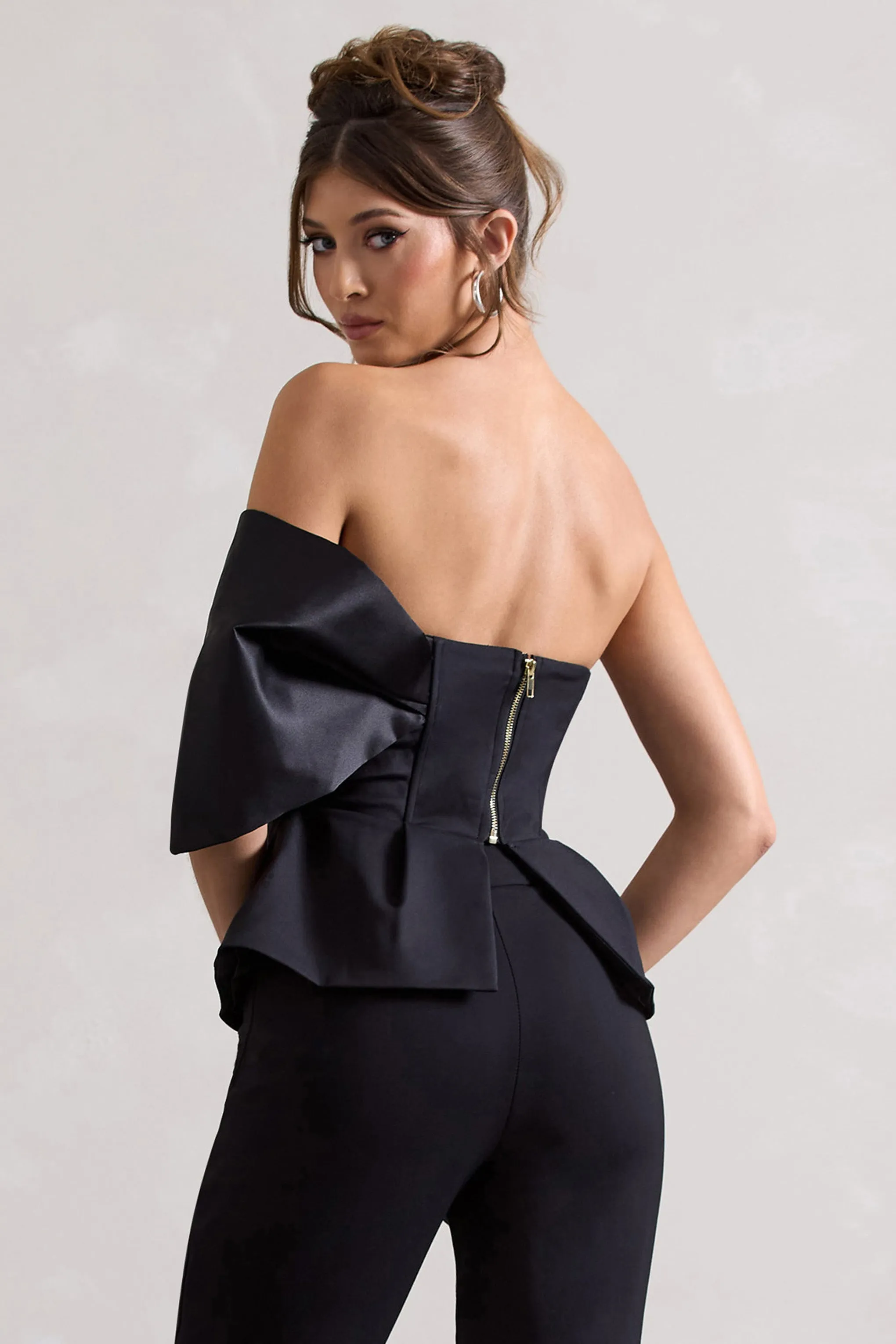 Mayfair | Black Asymmetric Bardot Top With Peplum Hem Club L London