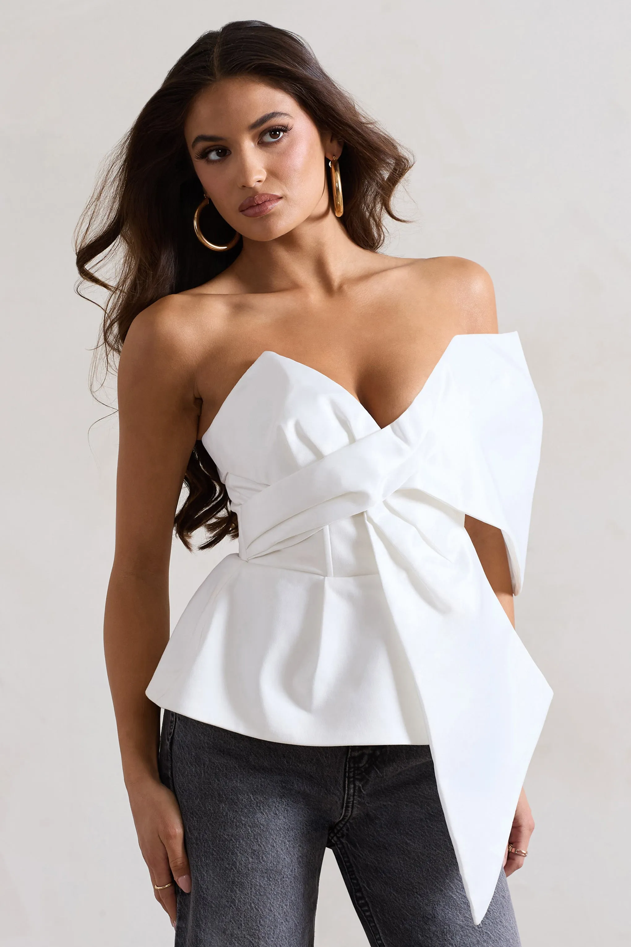 Mayfair | White Asymmetric Bardot Top With Peplum Hem Club L London