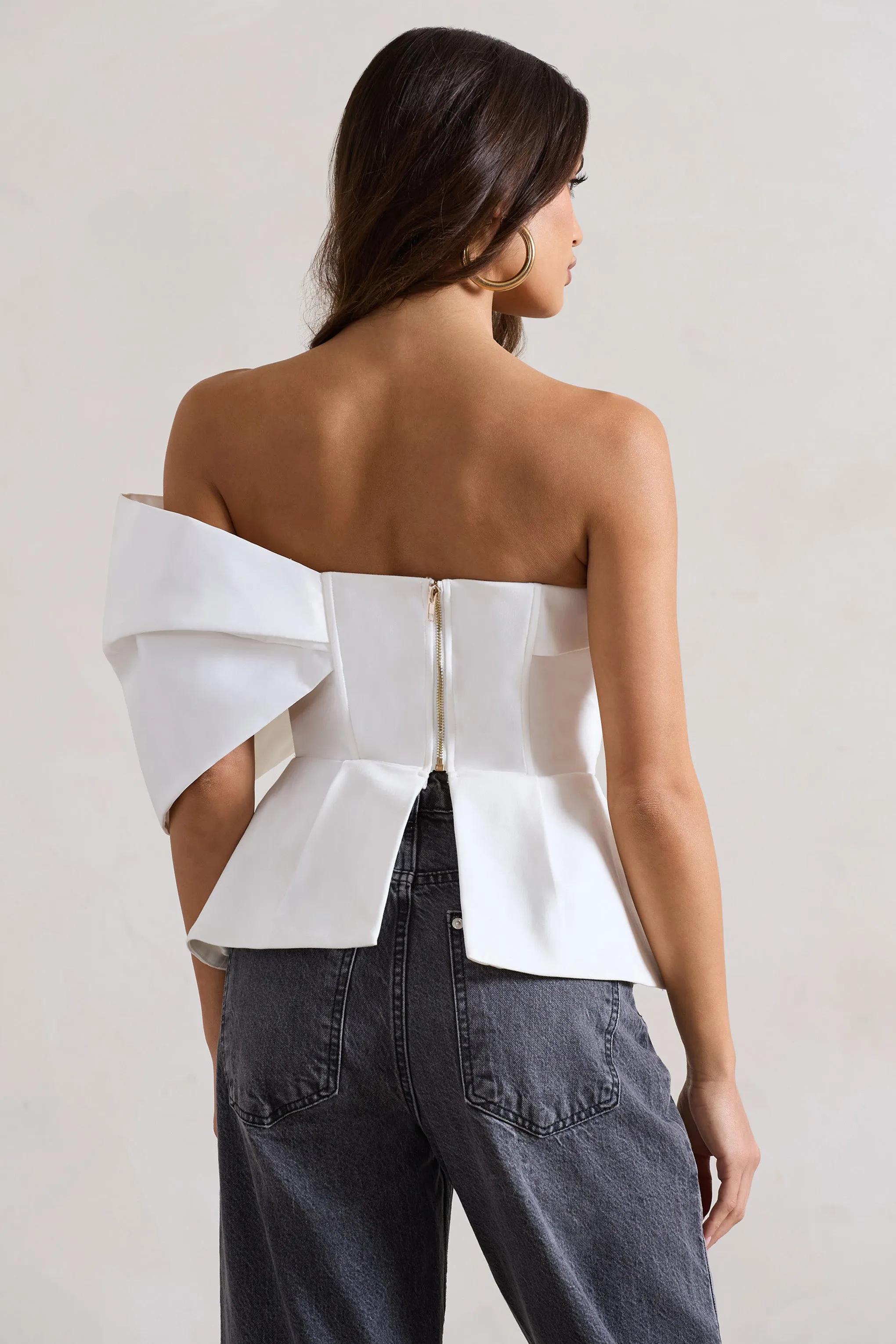 Mayfair | White Asymmetric Bardot Top With Peplum Hem Club L London