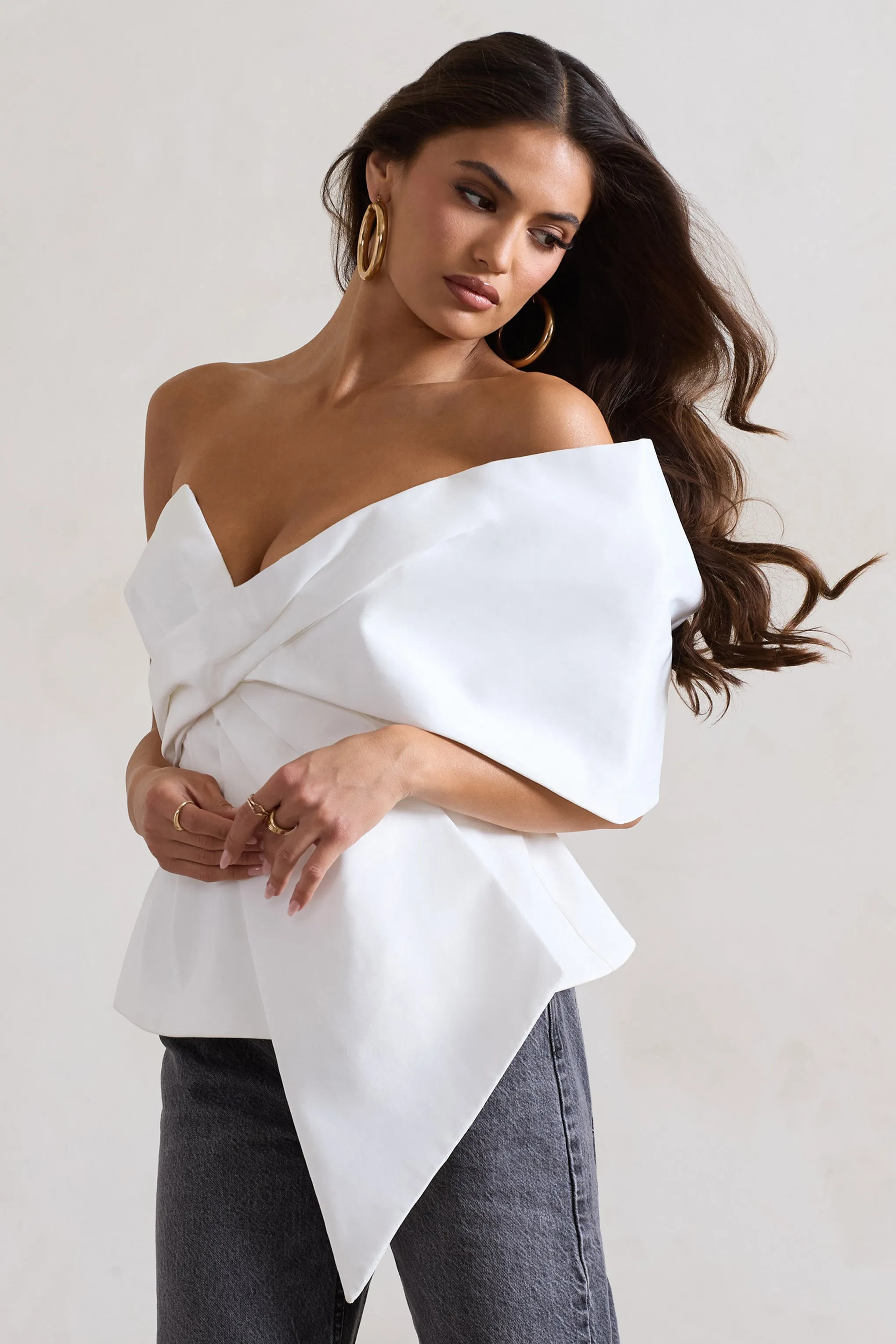 Mayfair | White Asymmetric Bardot Top With Peplum Hem Club L London