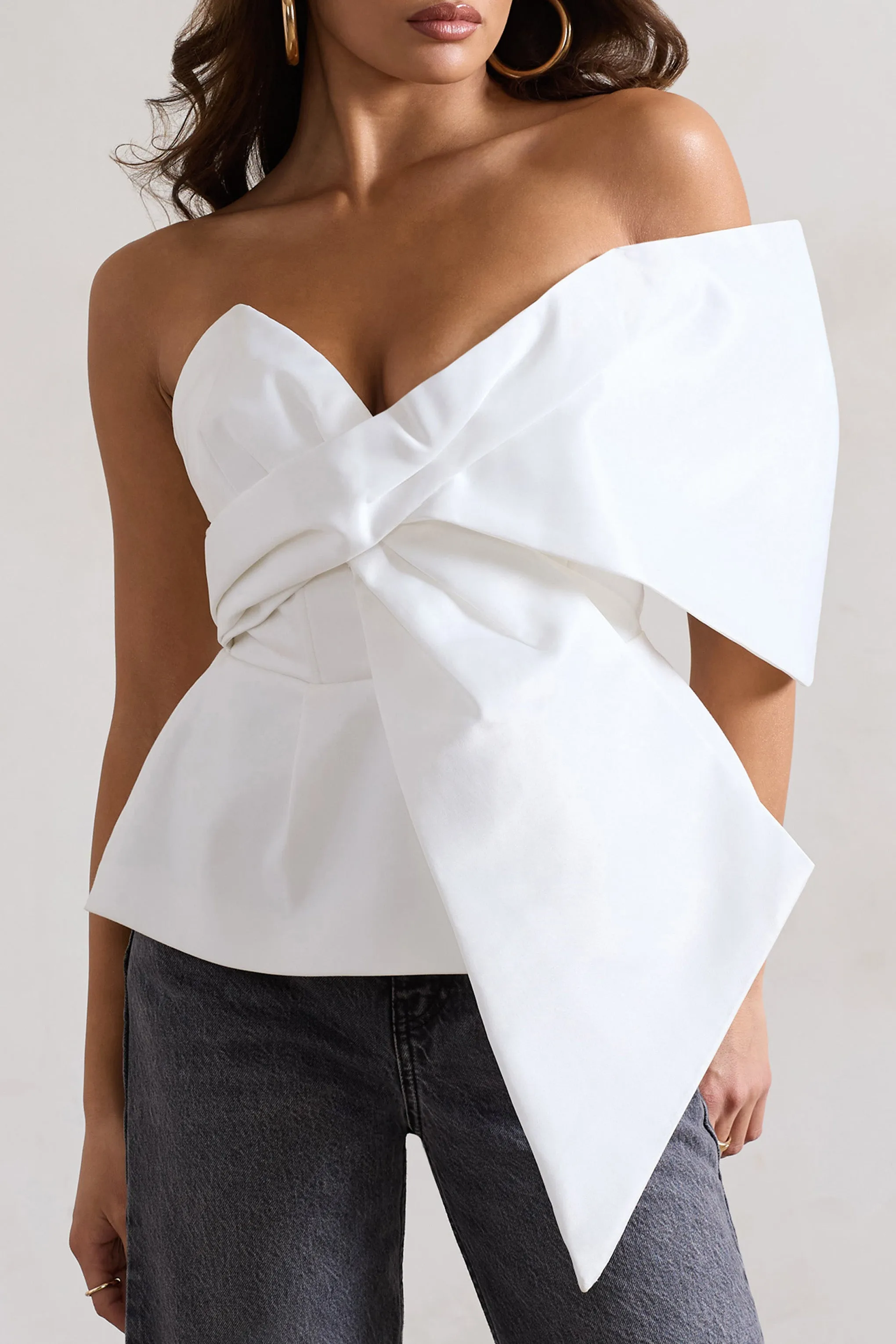 Mayfair | White Asymmetric Bardot Top With Peplum Hem Club L London