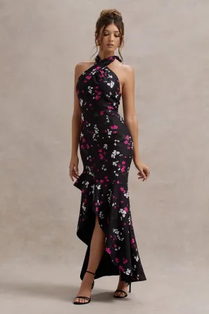 Melodia | Black Ditsy Floral Print Satin Halter-Neck Ruffled Maxi Dress Club L London
