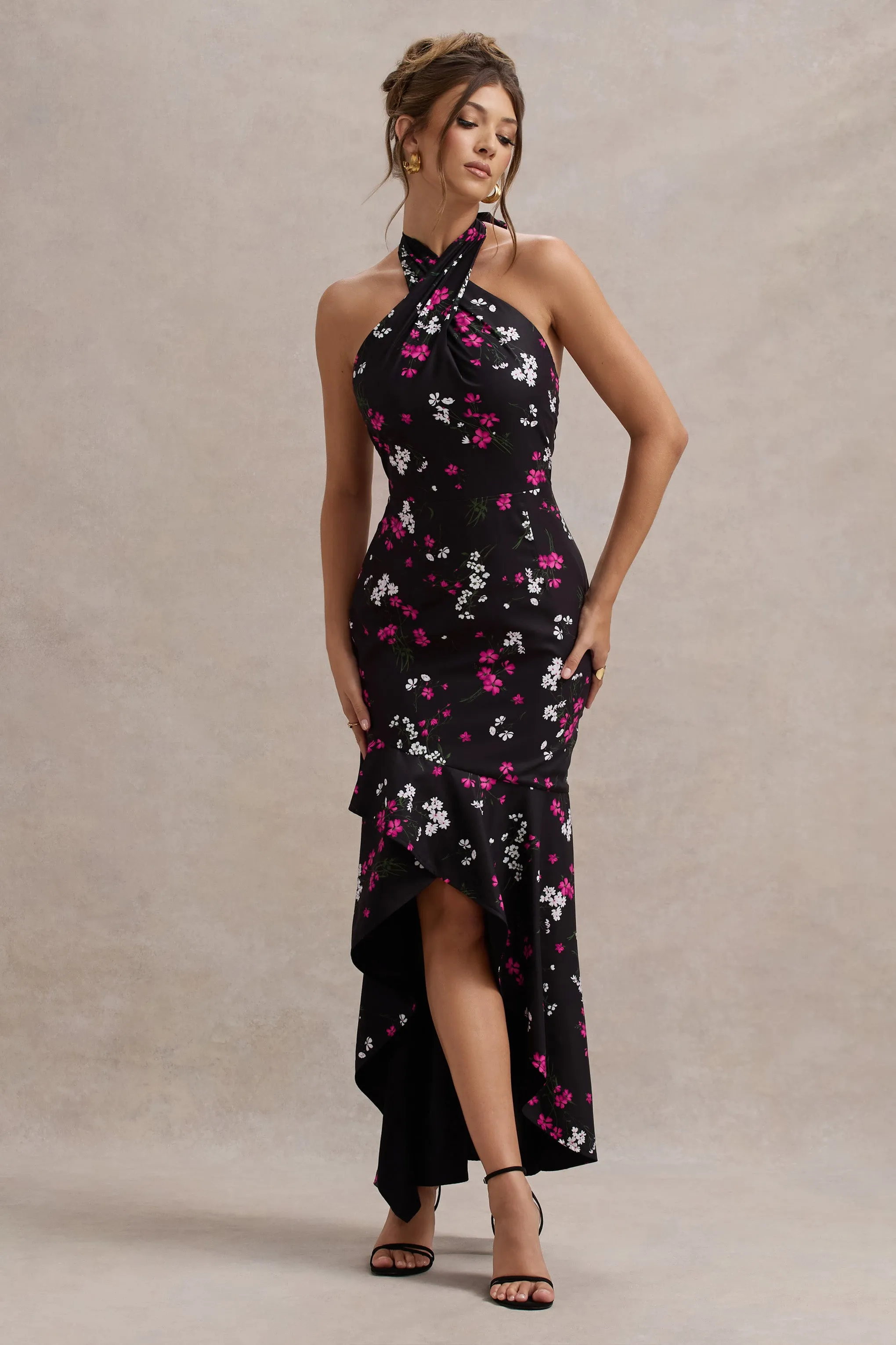 Melodia | Black Ditsy Floral Print Satin Halter-Neck Ruffled Maxi Dress Club L London