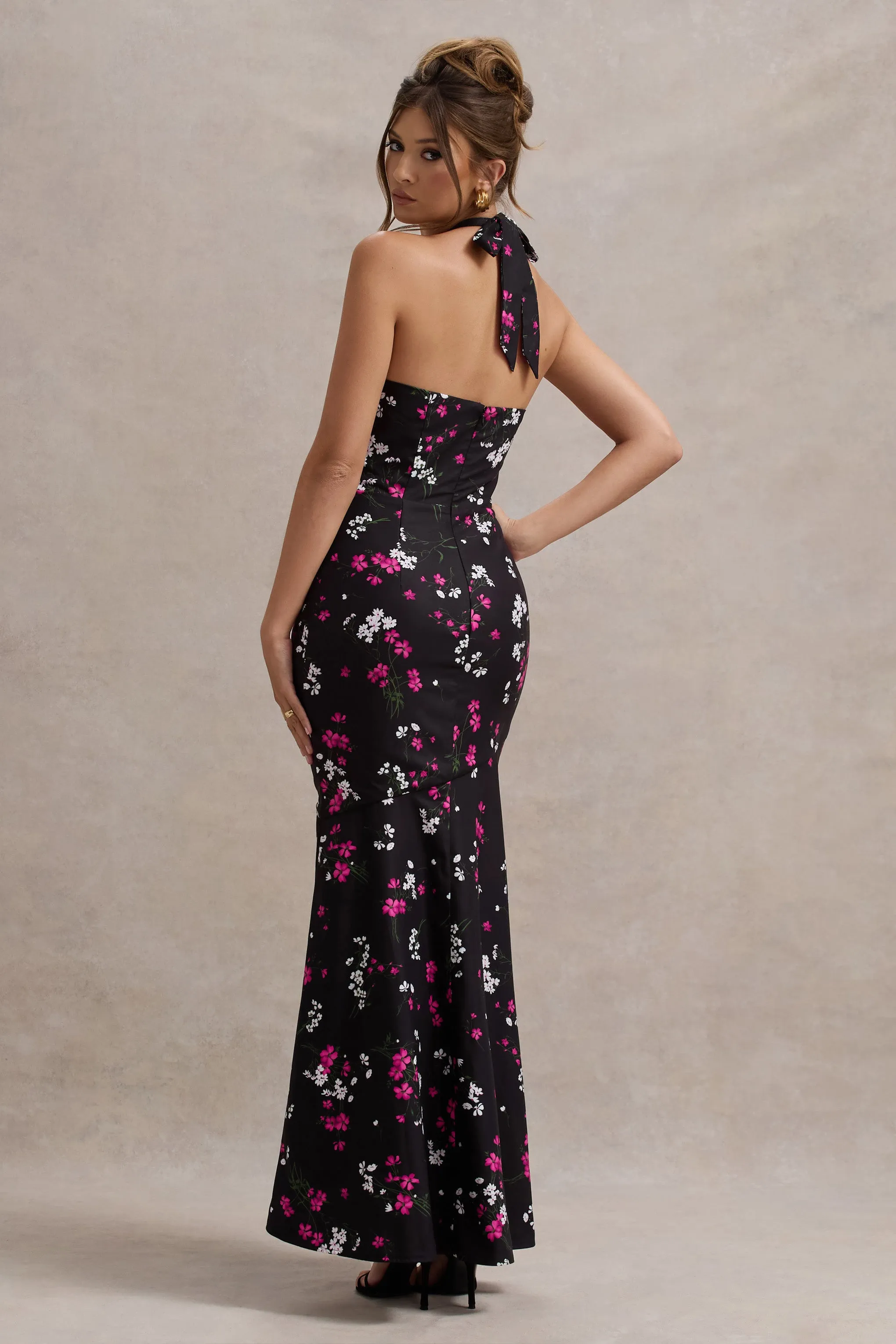 Melodia | Black Ditsy Floral Print Satin Halter-Neck Ruffled Maxi Dress Club L London