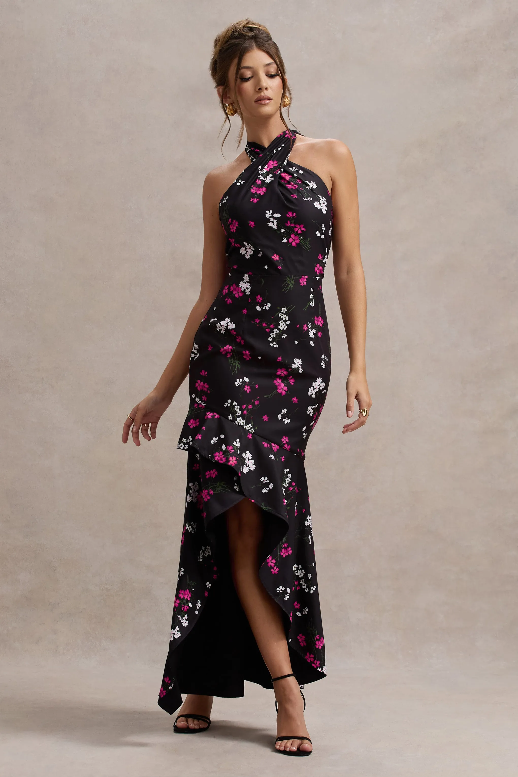 Melodia | Black Ditsy Floral Print Satin Halter-Neck Ruffled Maxi Dress Club L London