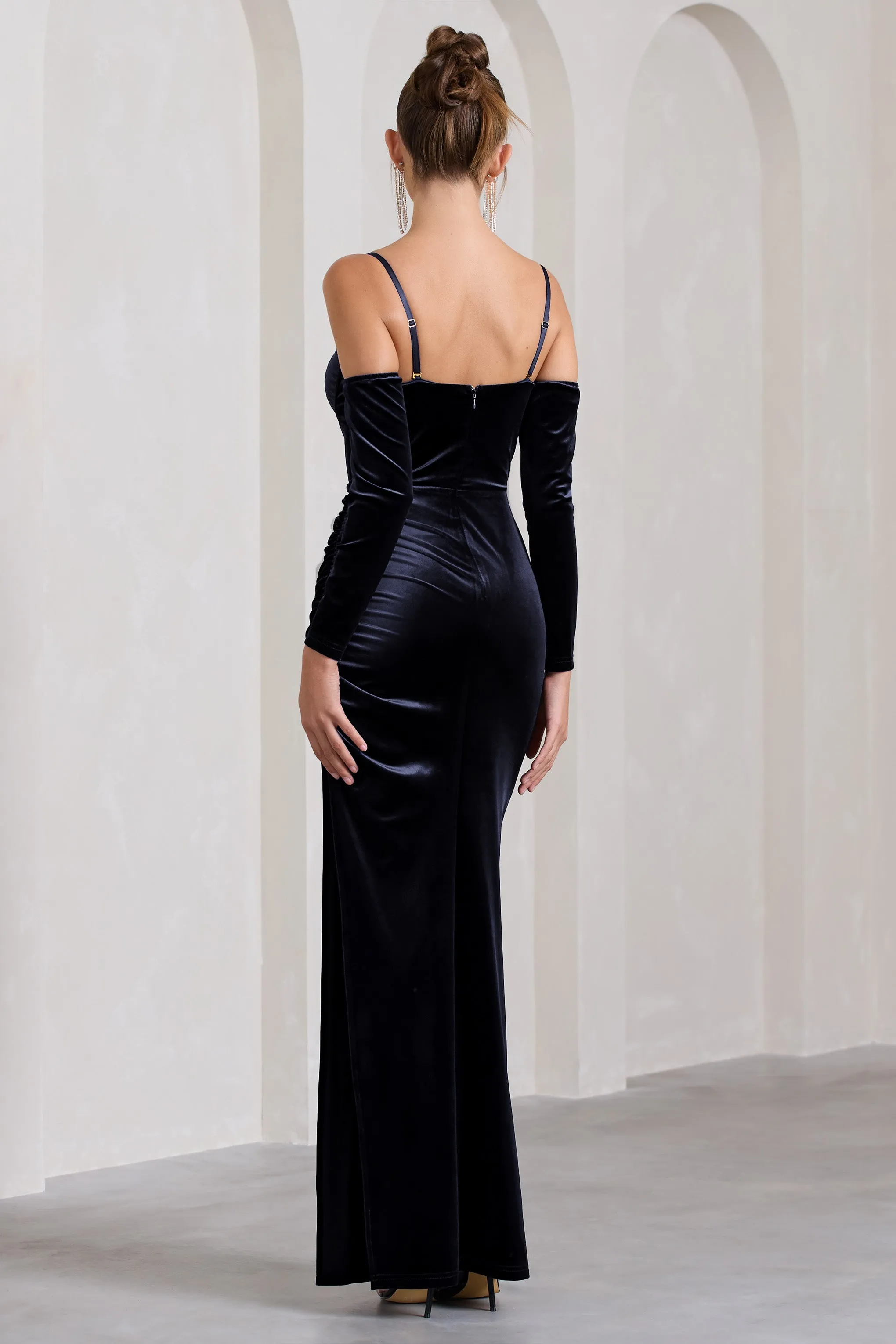 Meribel | Navy Velvet & Satin Long-Sleeved Corset Maxi Dress Club L London
