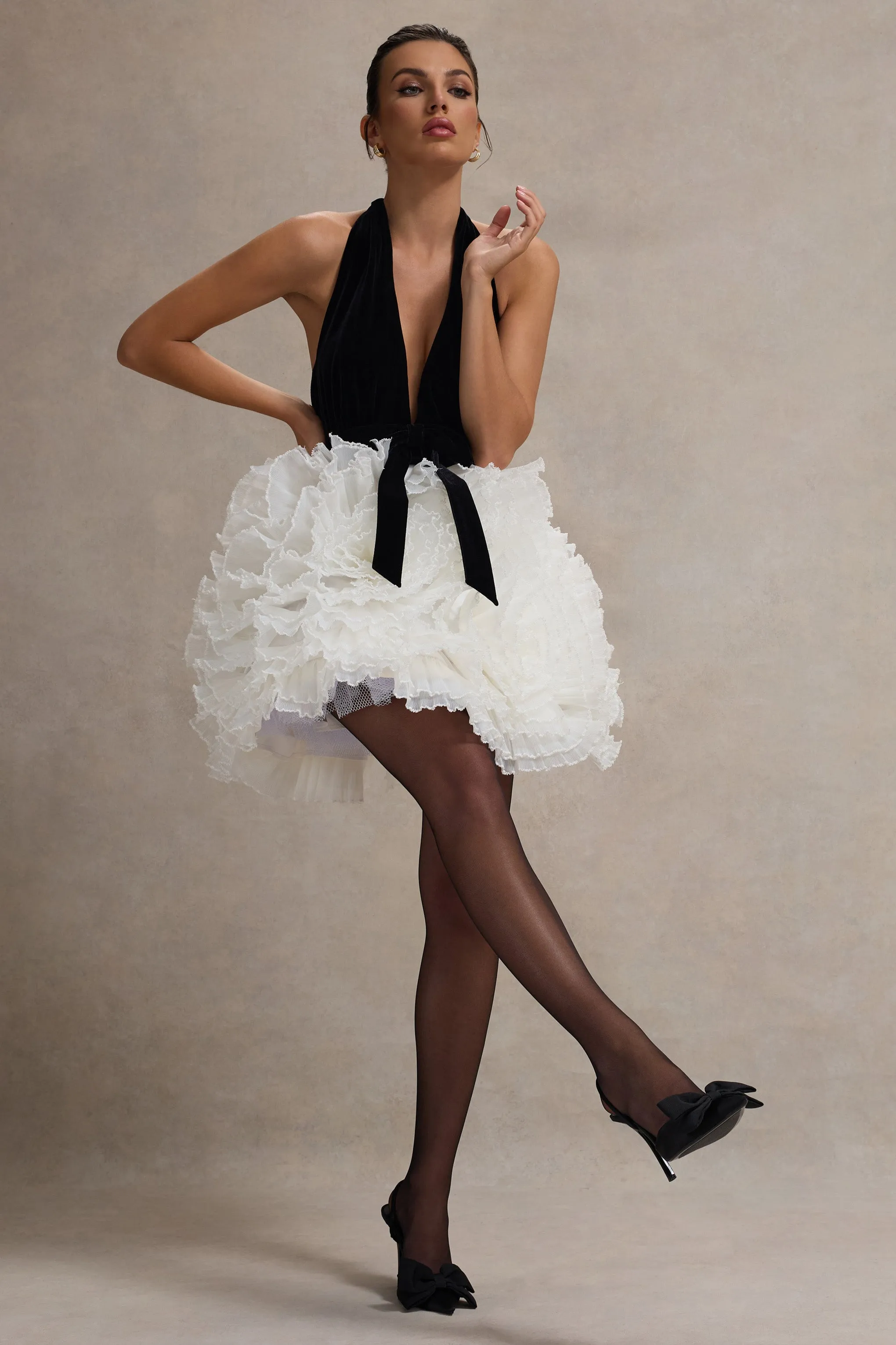Meringue | Black Velvet Plunge-Neck Mini Dress With Tulle Skirt Club L London