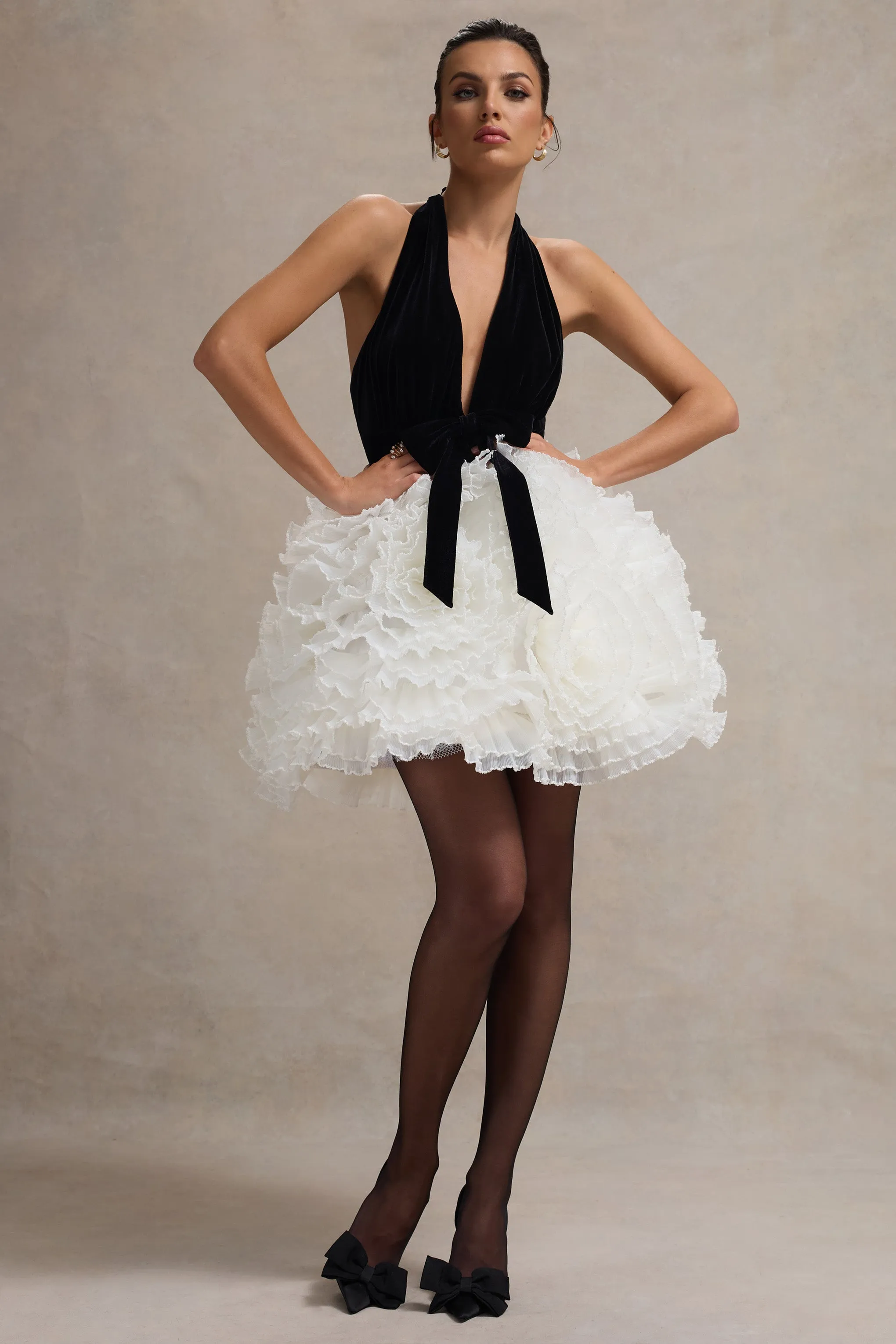 Meringue | Black Velvet Plunge-Neck Mini Dress With Tulle Skirt Club L London