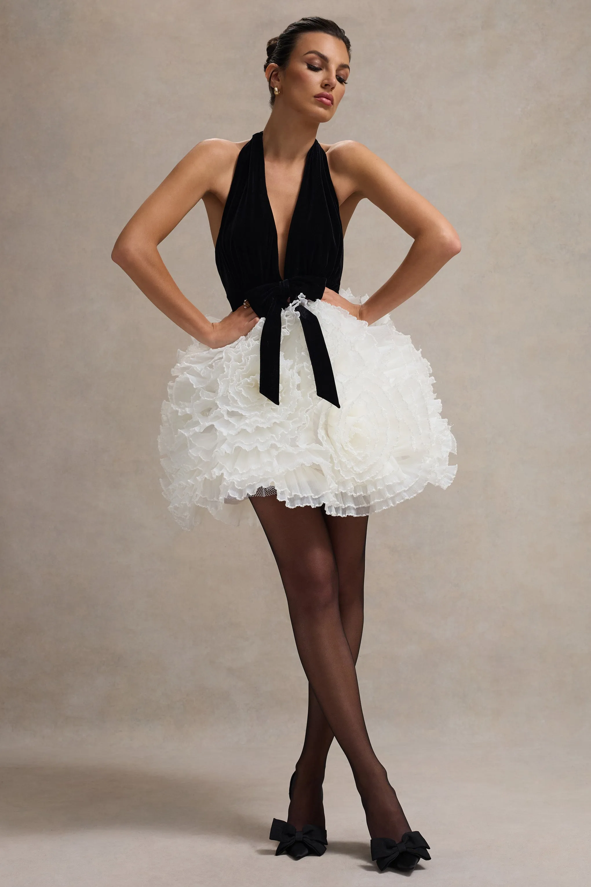 Meringue | Black Velvet Plunge-Neck Mini Dress With Tulle Skirt Club L London