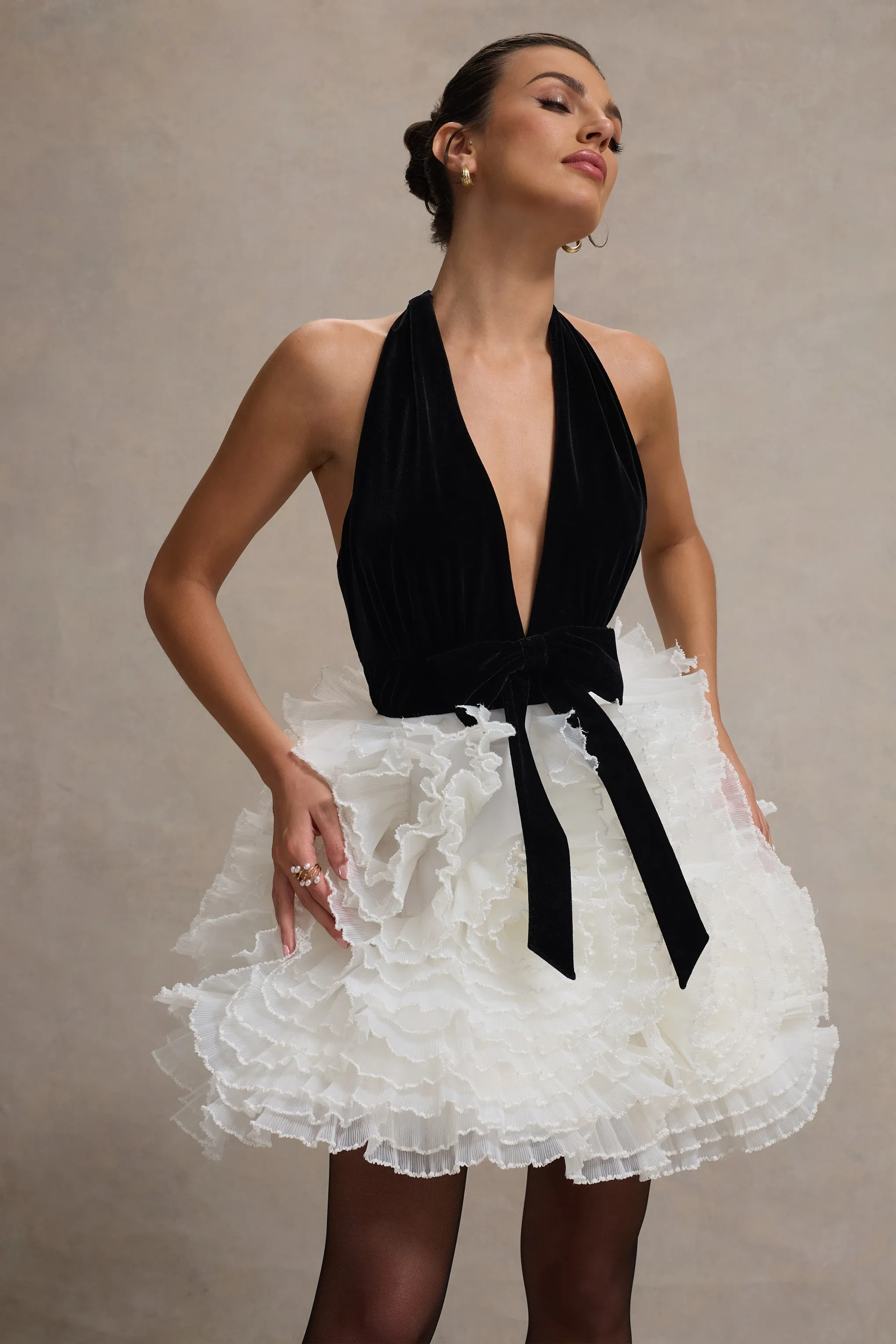 Meringue | Black Velvet Plunge-Neck Mini Dress With Tulle Skirt Club L London