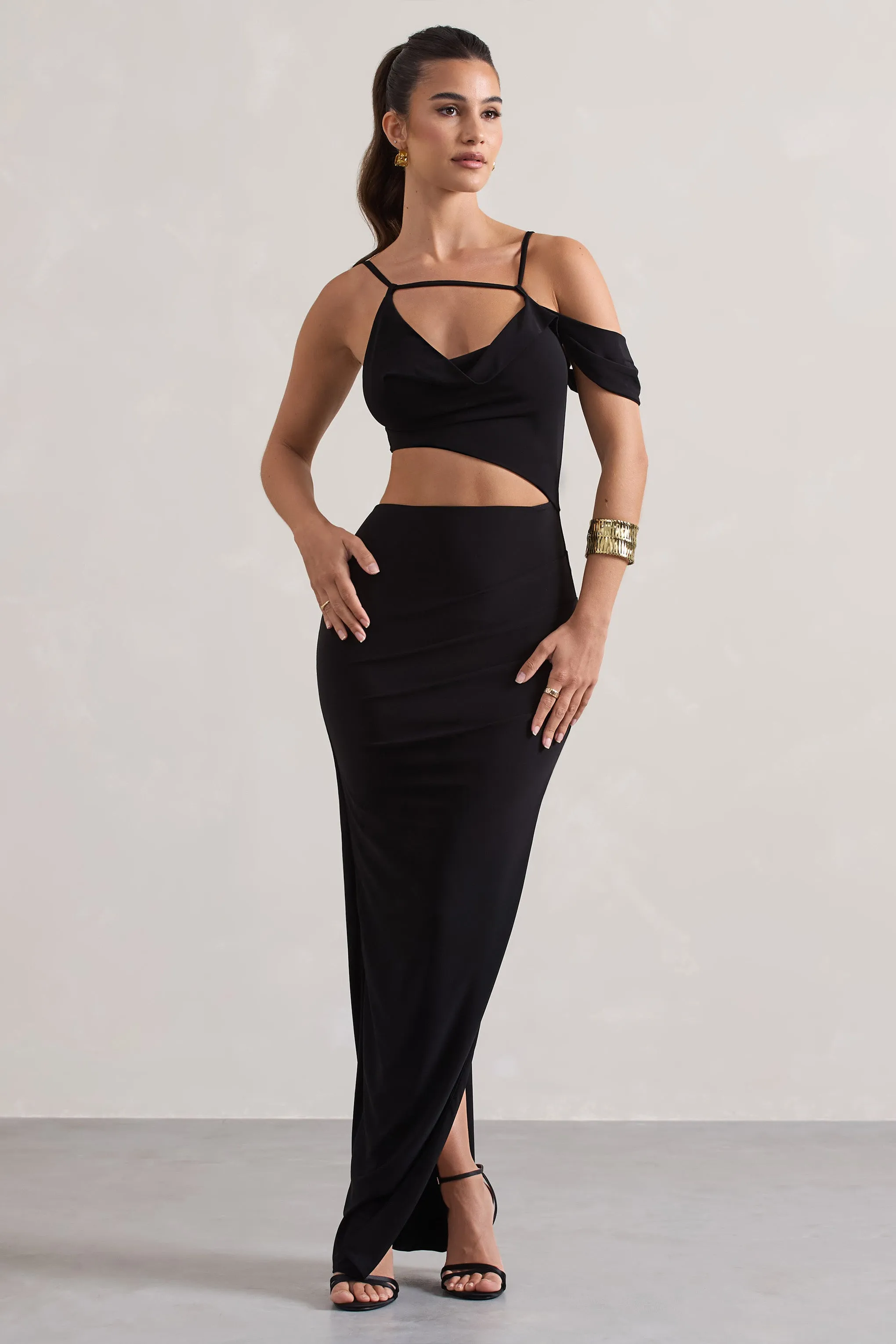 Metallica | Black Strappy Asymmetric Maxi Dress With Cut-Out Club L London