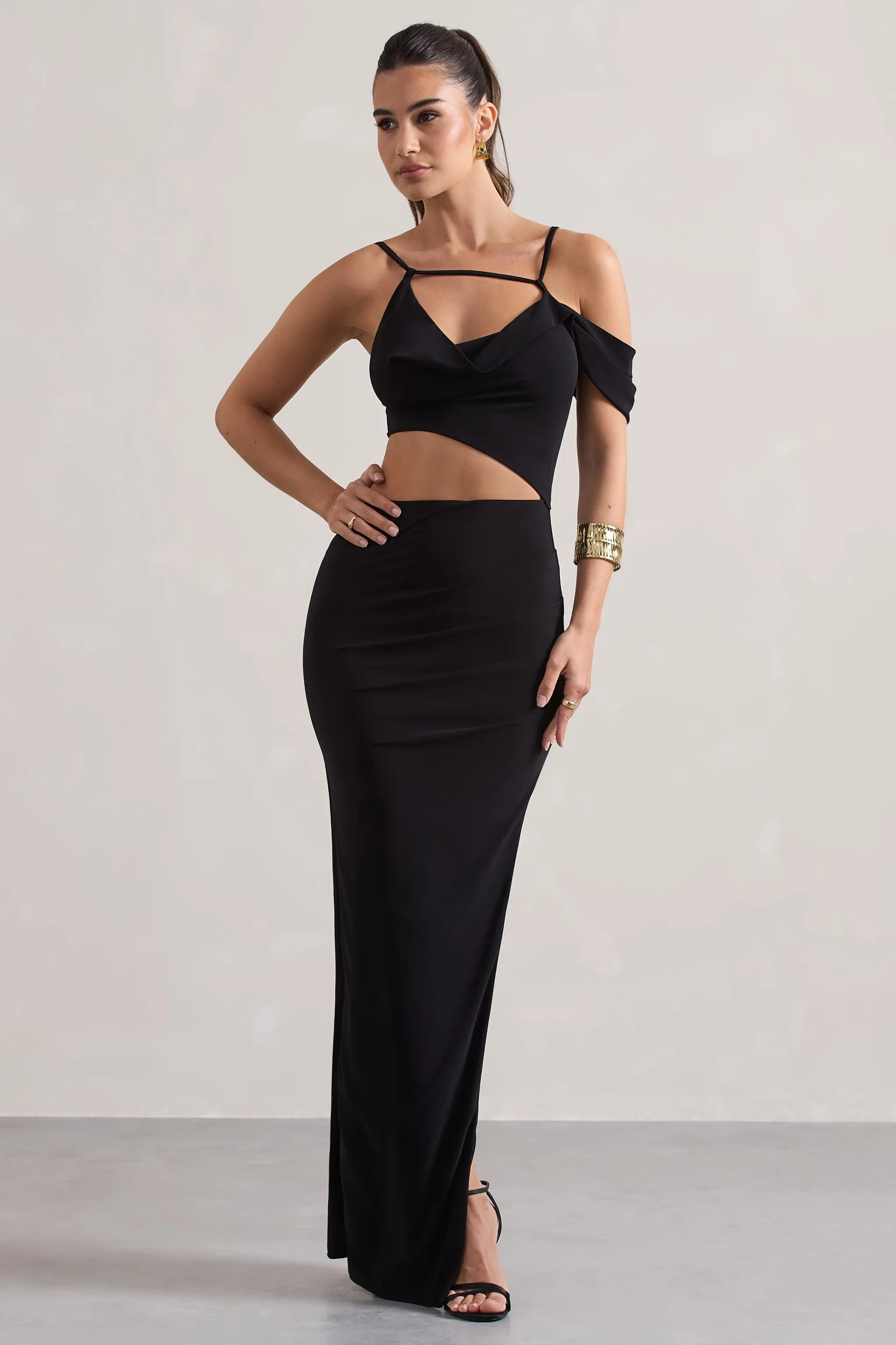 Metallica | Black Strappy Asymmetric Maxi Dress With Cut-Out Club L London