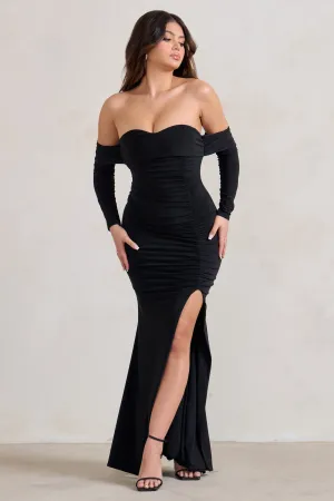 Midnight | Black Draped Long Sleeve Maxi Dress Club L London