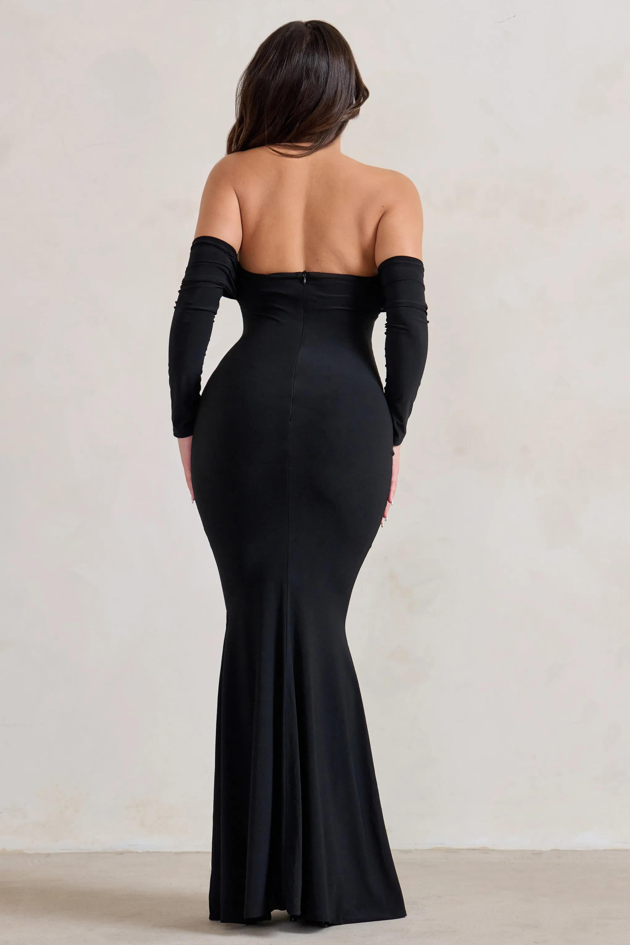 Midnight | Black Draped Long Sleeve Maxi Dress Club L London