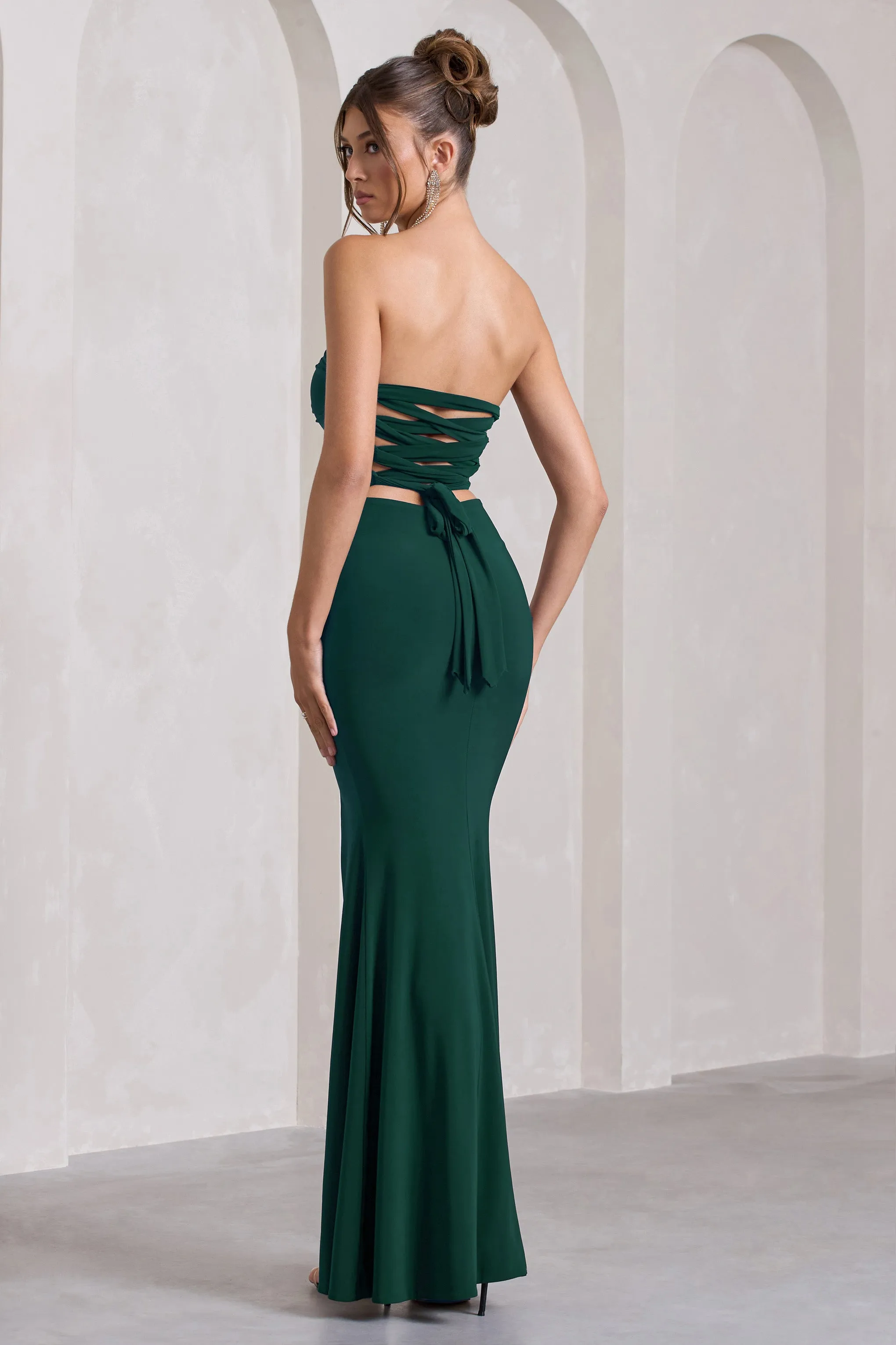 Midnight Calling | Bottle Green Bandeau Split Lace-Up Maxi Dress Club L London