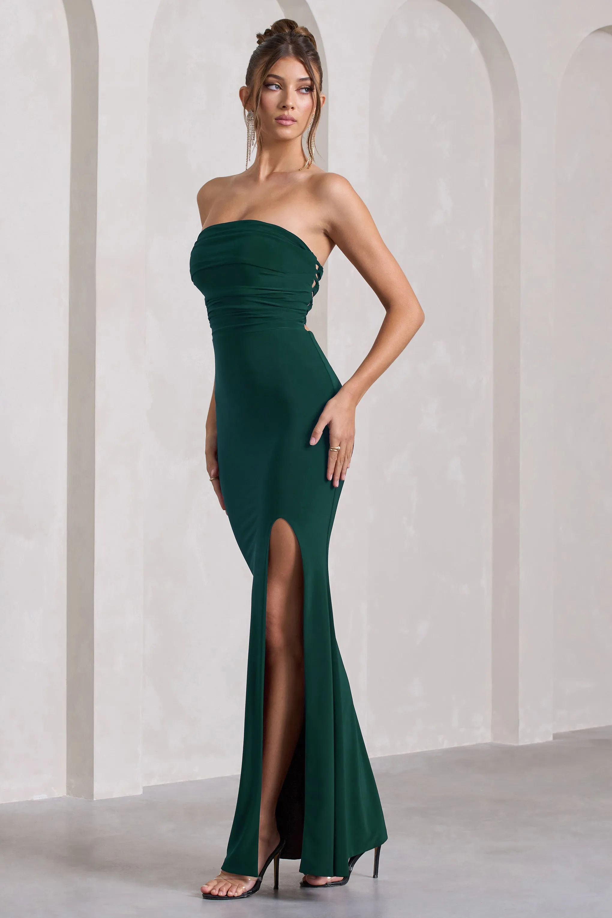 Midnight Calling | Bottle Green Bandeau Split Lace-Up Maxi Dress Club L London