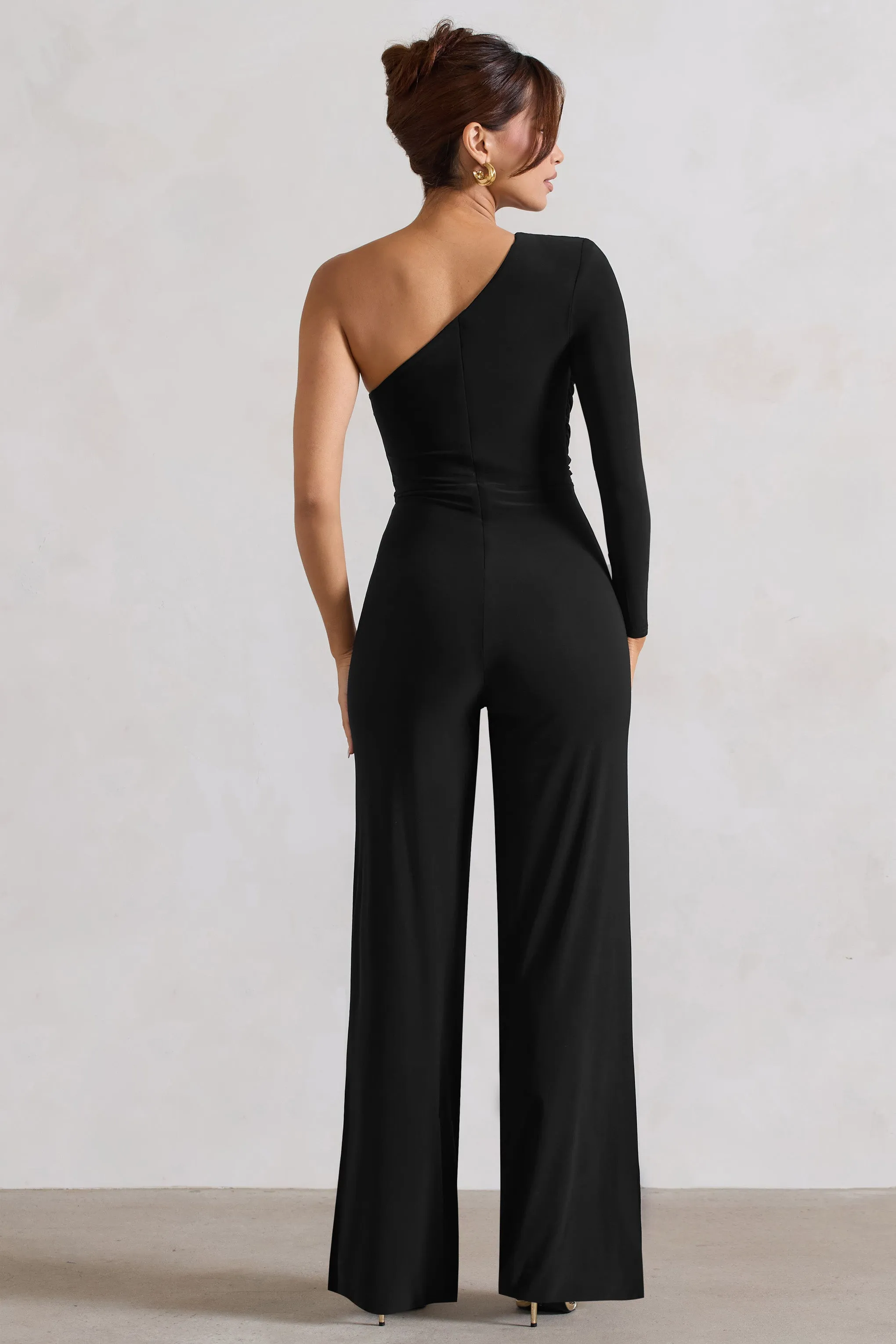 Mila | Black One Shoulder Ruched Wide Leg Jumpsuit Club L London