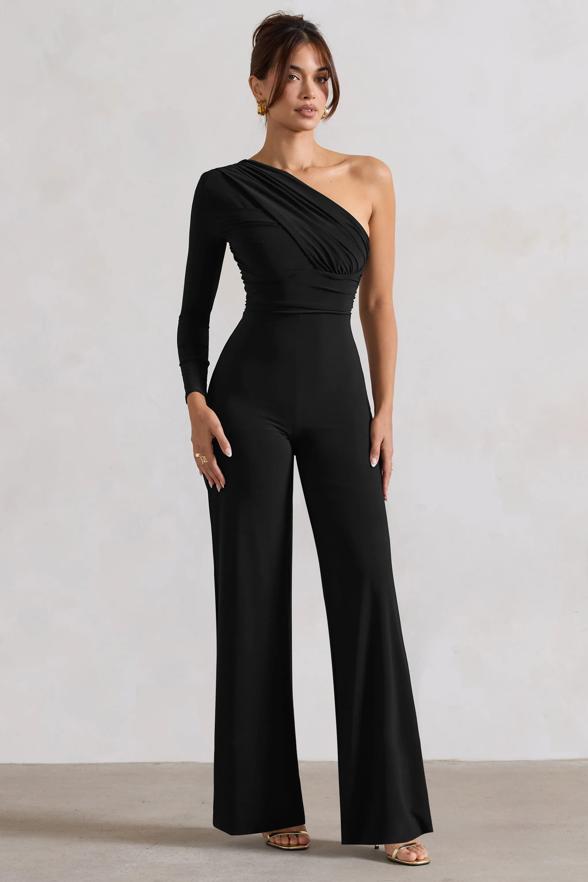 Mila | Black One Shoulder Ruched Wide Leg Jumpsuit Club L London