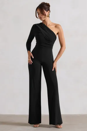 Mila | Black One Shoulder Ruched Wide Leg Jumpsuit Club L London
