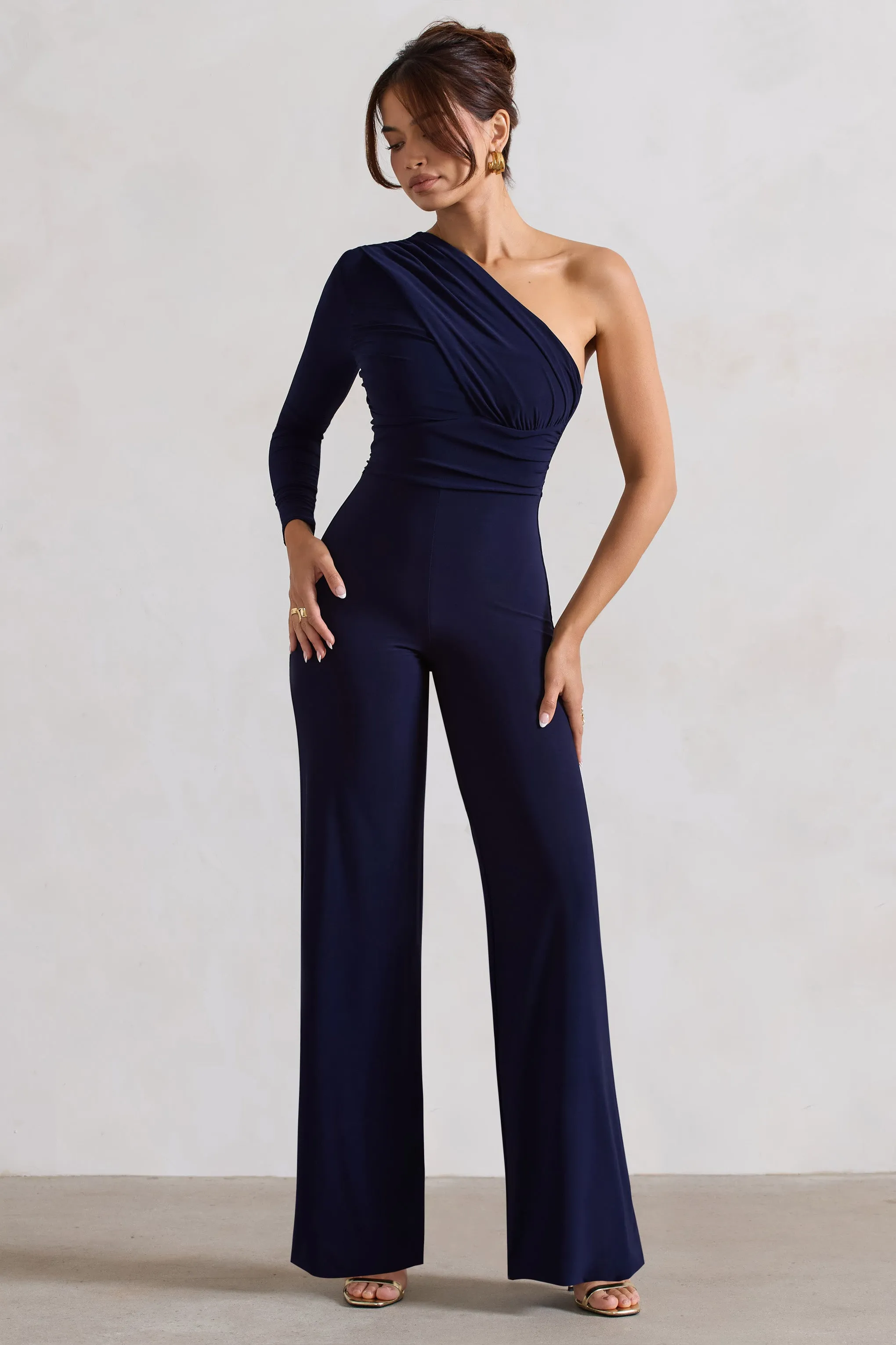 Mila | Navy One Shoulder Ruched Wide Leg Jumpsuit Club L London
