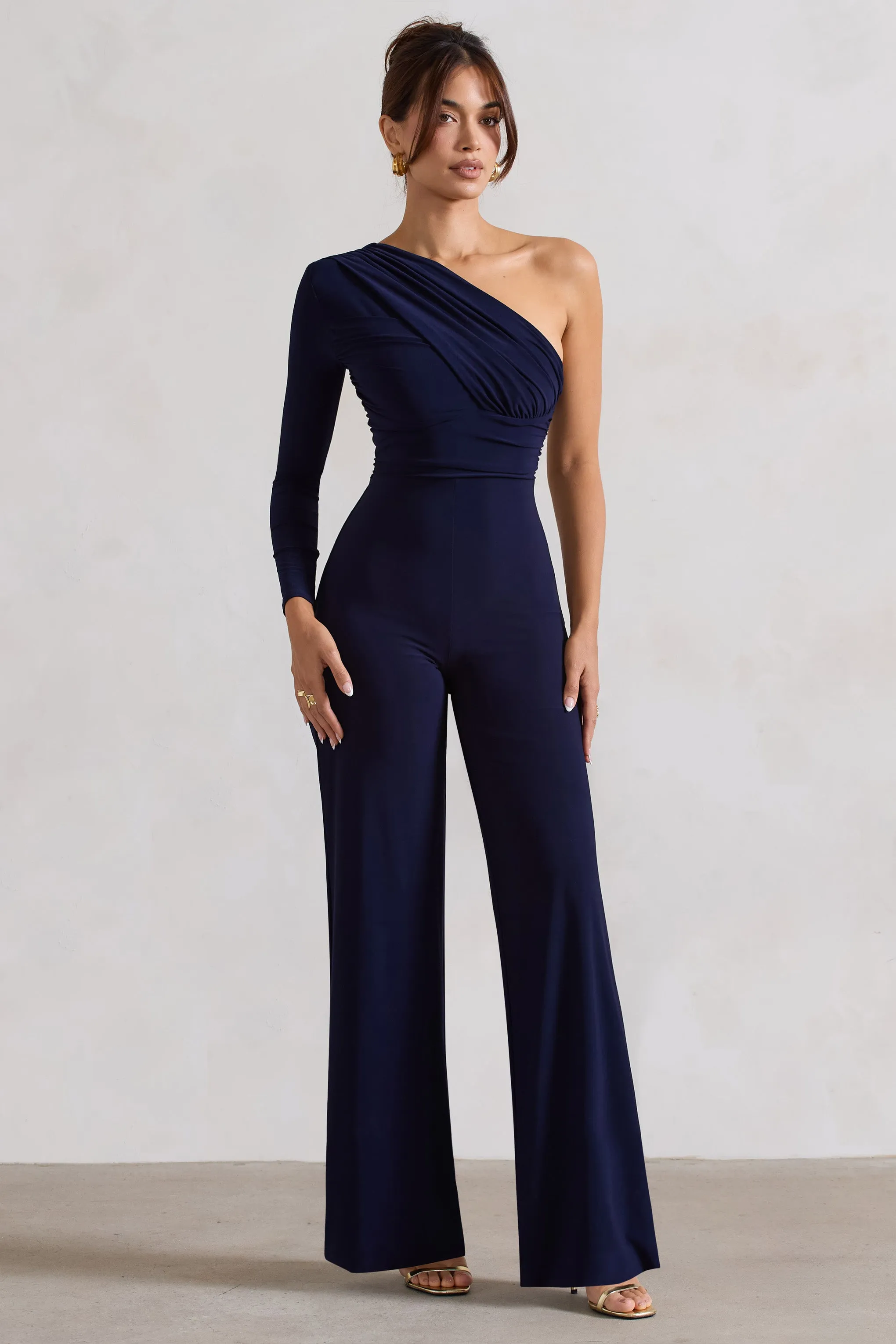 Mila | Navy One Shoulder Ruched Wide Leg Jumpsuit Club L London