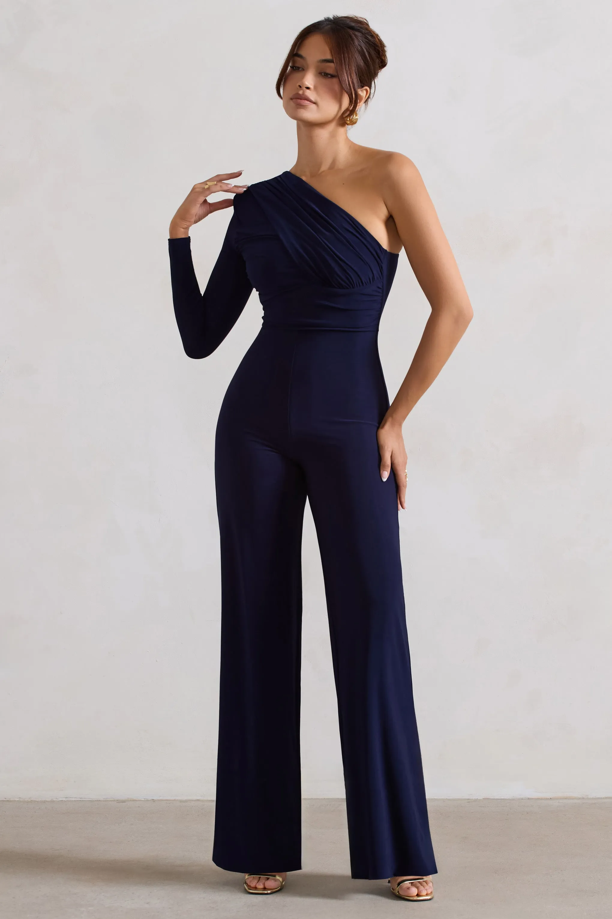 Mila | Navy One Shoulder Ruched Wide Leg Jumpsuit Club L London