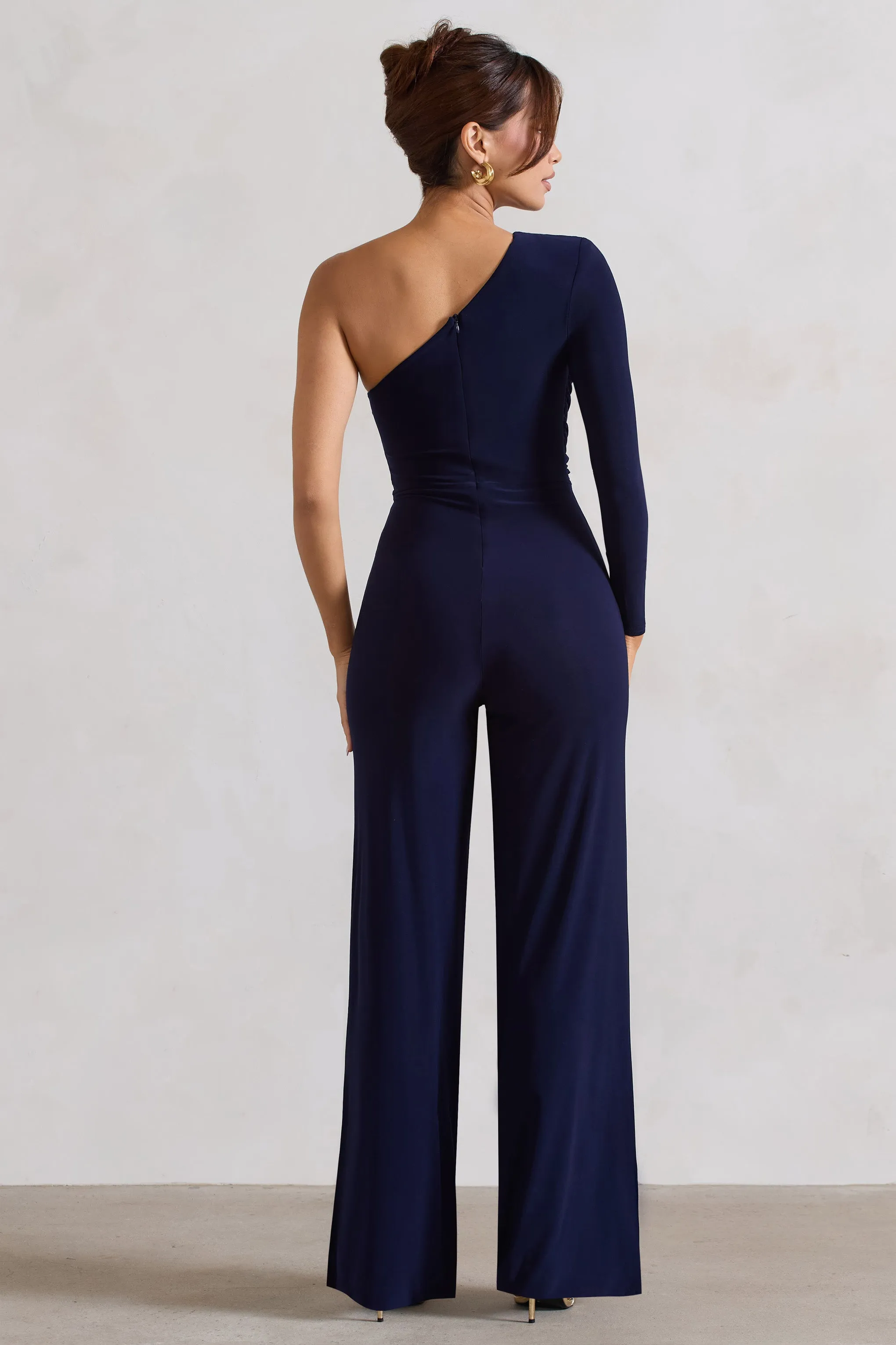 Mila | Navy One Shoulder Ruched Wide Leg Jumpsuit Club L London