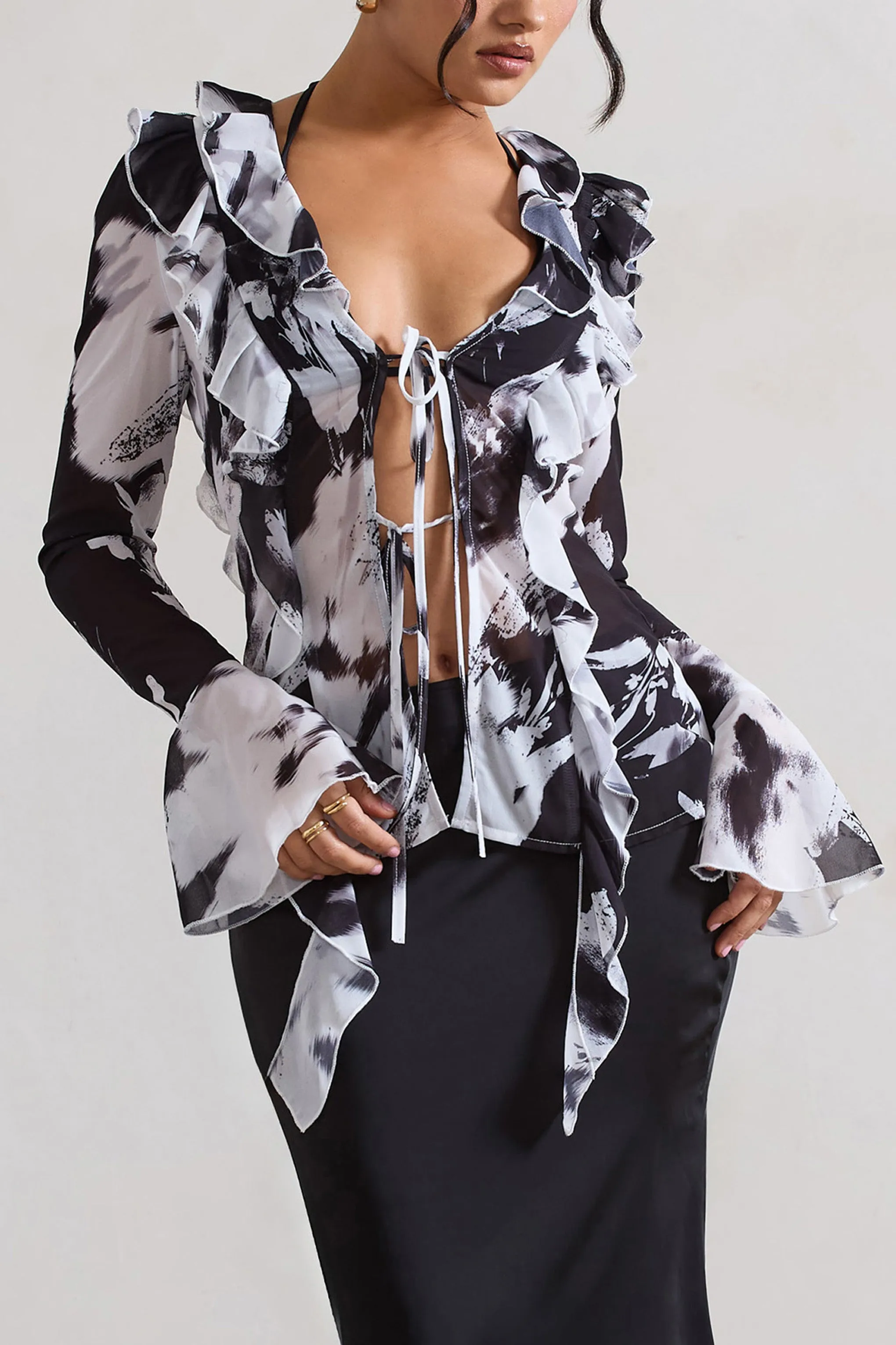 Milan | Monochrome Floral Print Ruffle Tie-Front Blouse Club L London