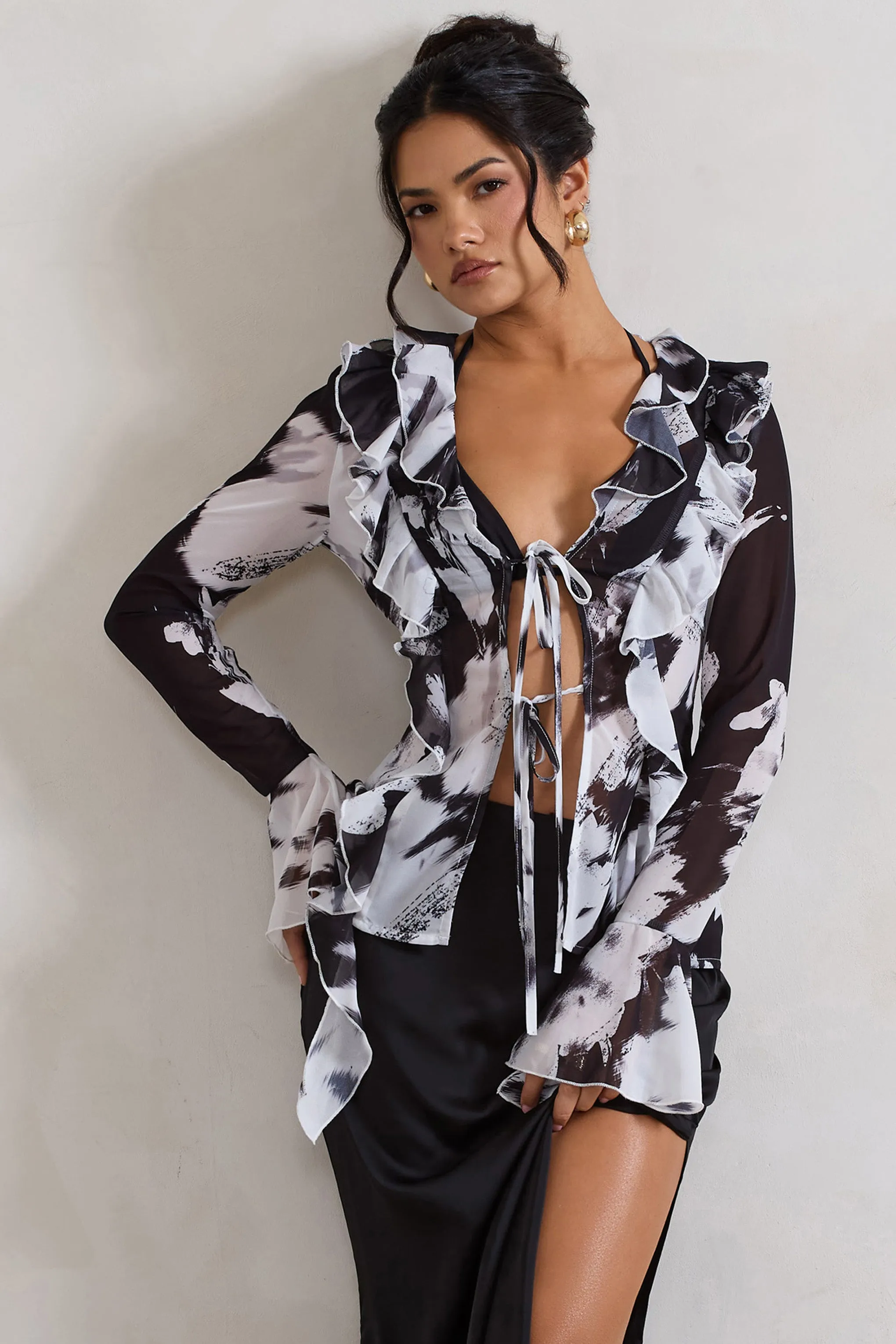 Milan | Monochrome Floral Print Ruffle Tie-Front Blouse Club L London