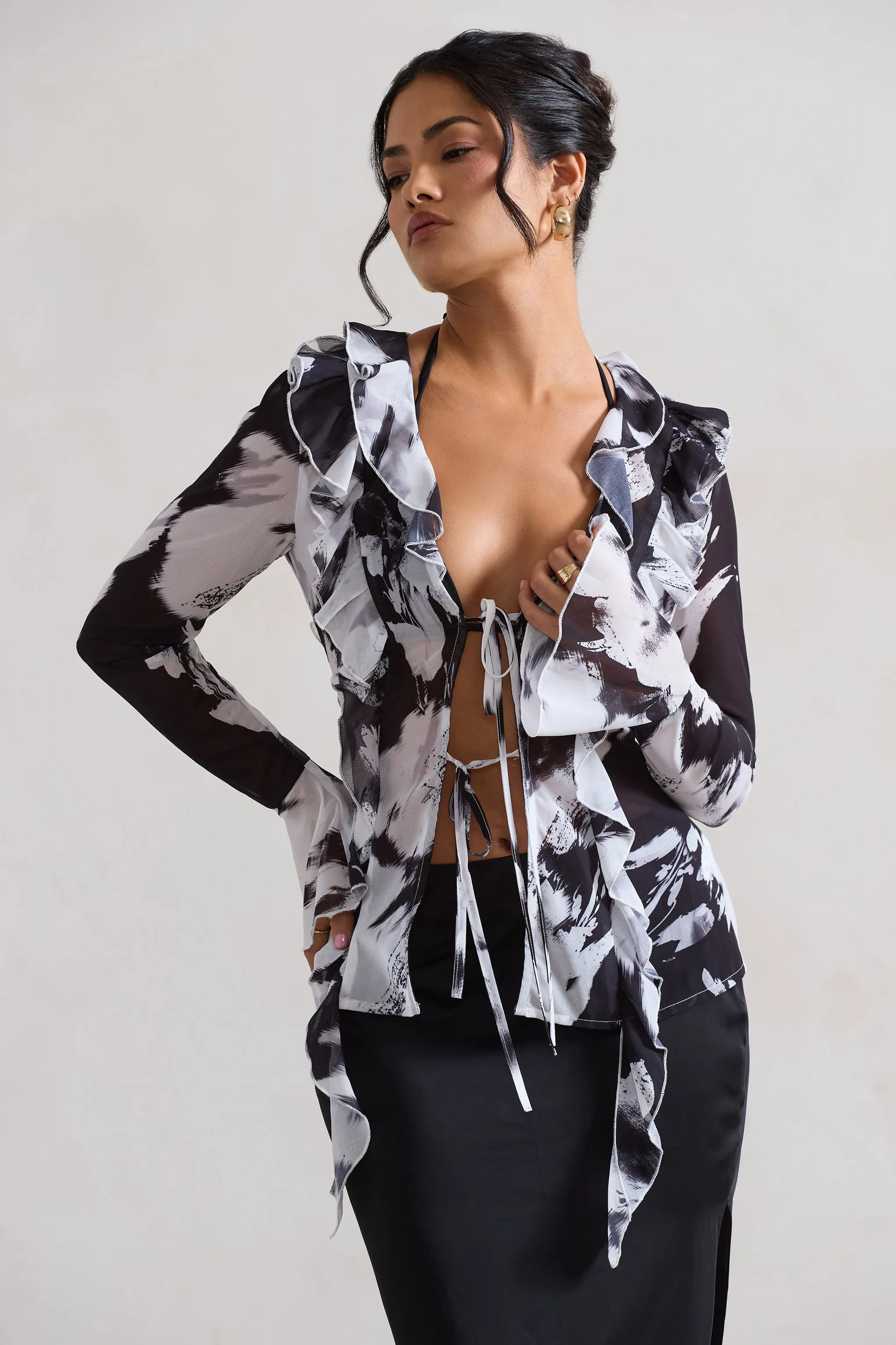 Milan | Monochrome Floral Print Ruffle Tie-Front Blouse Club L London