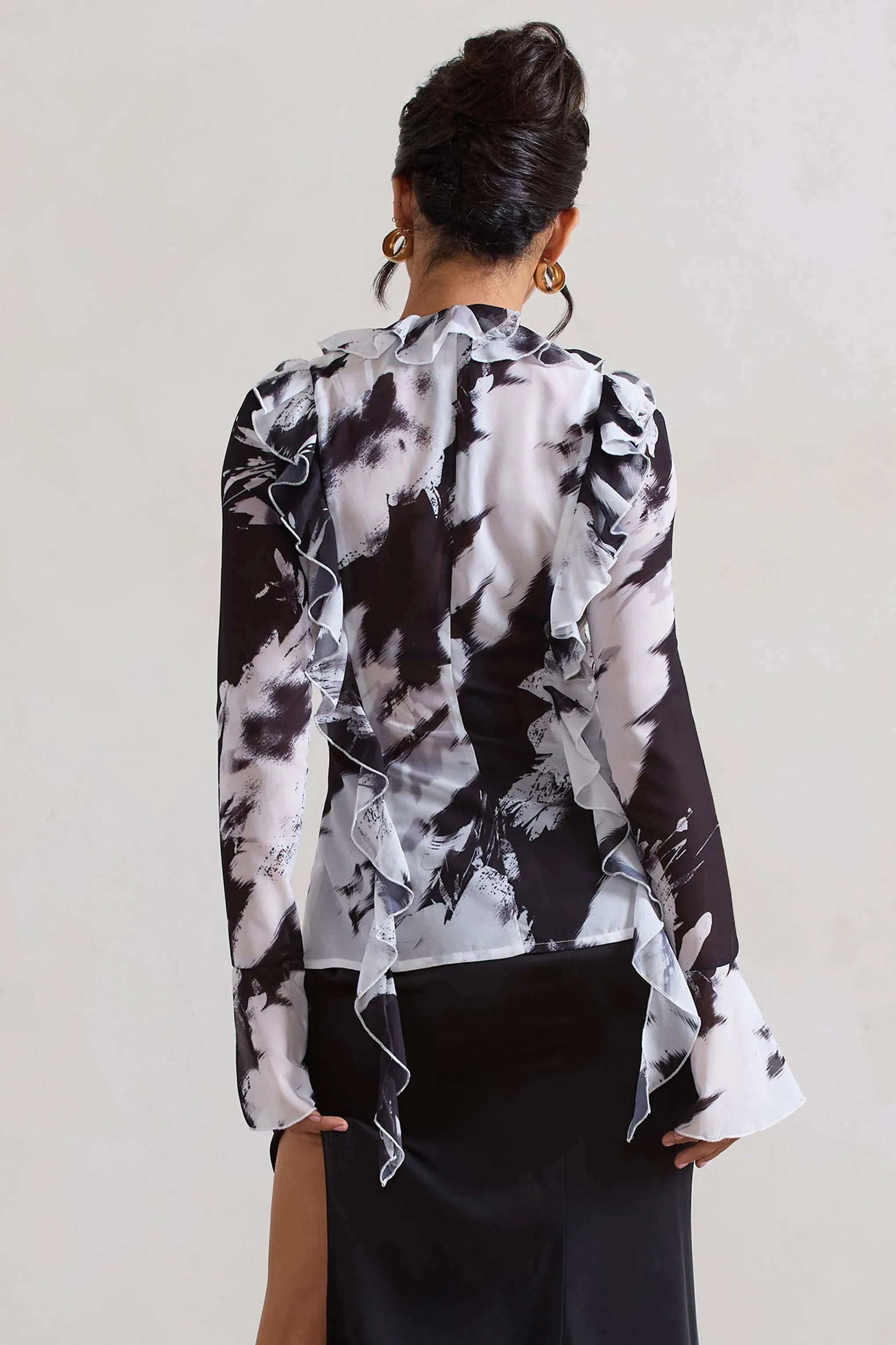 Milan | Monochrome Floral Print Ruffle Tie-Front Blouse Club L London