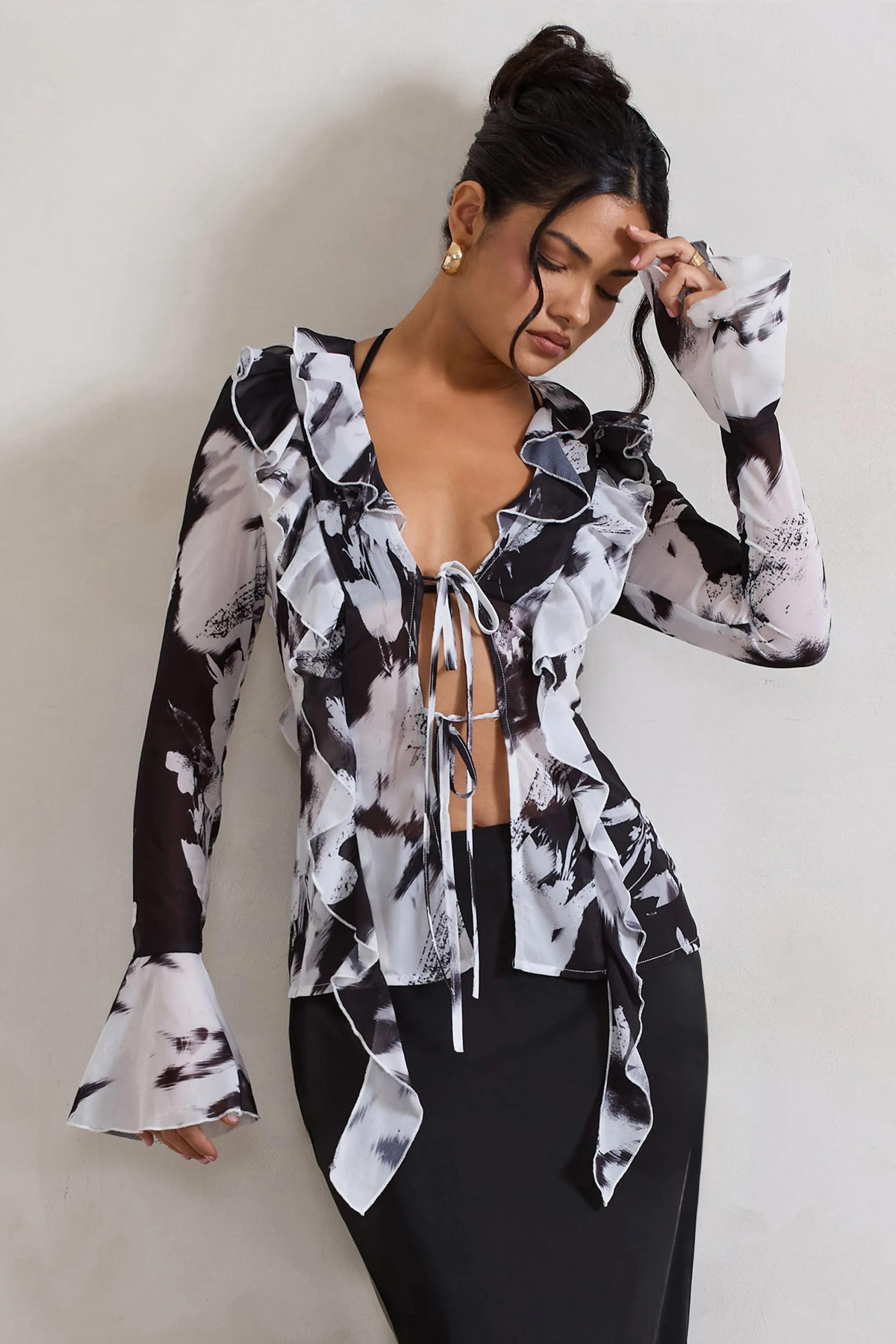 Milan | Monochrome Floral Print Ruffle Tie-Front Blouse Club L London