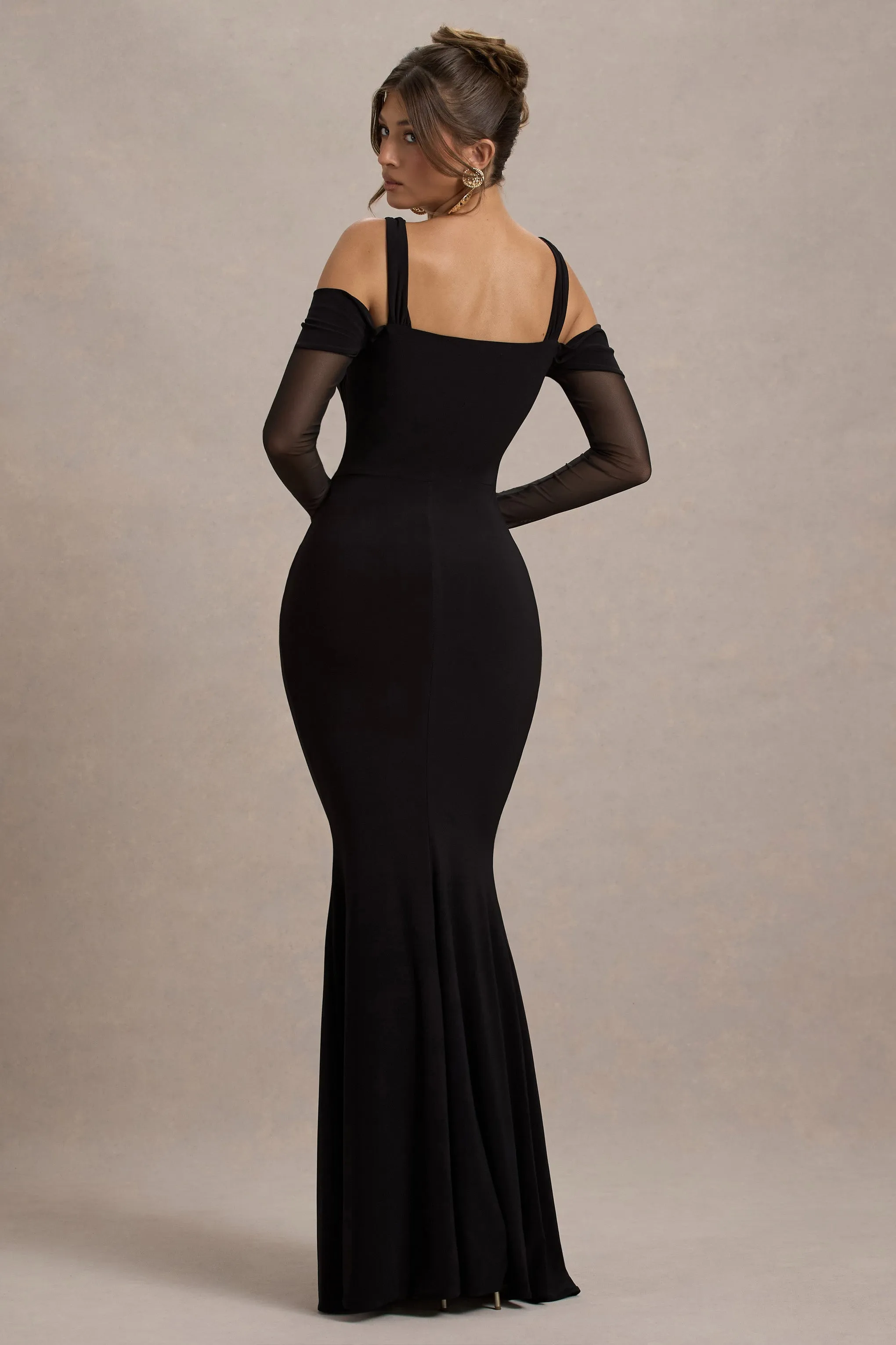 Milana | Black Square-Neck Draped Wrap Maxi Dress With Long Sleeves Club L London