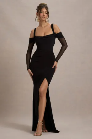 Milana | Black Square-Neck Draped Wrap Maxi Dress With Long Sleeves Club L London