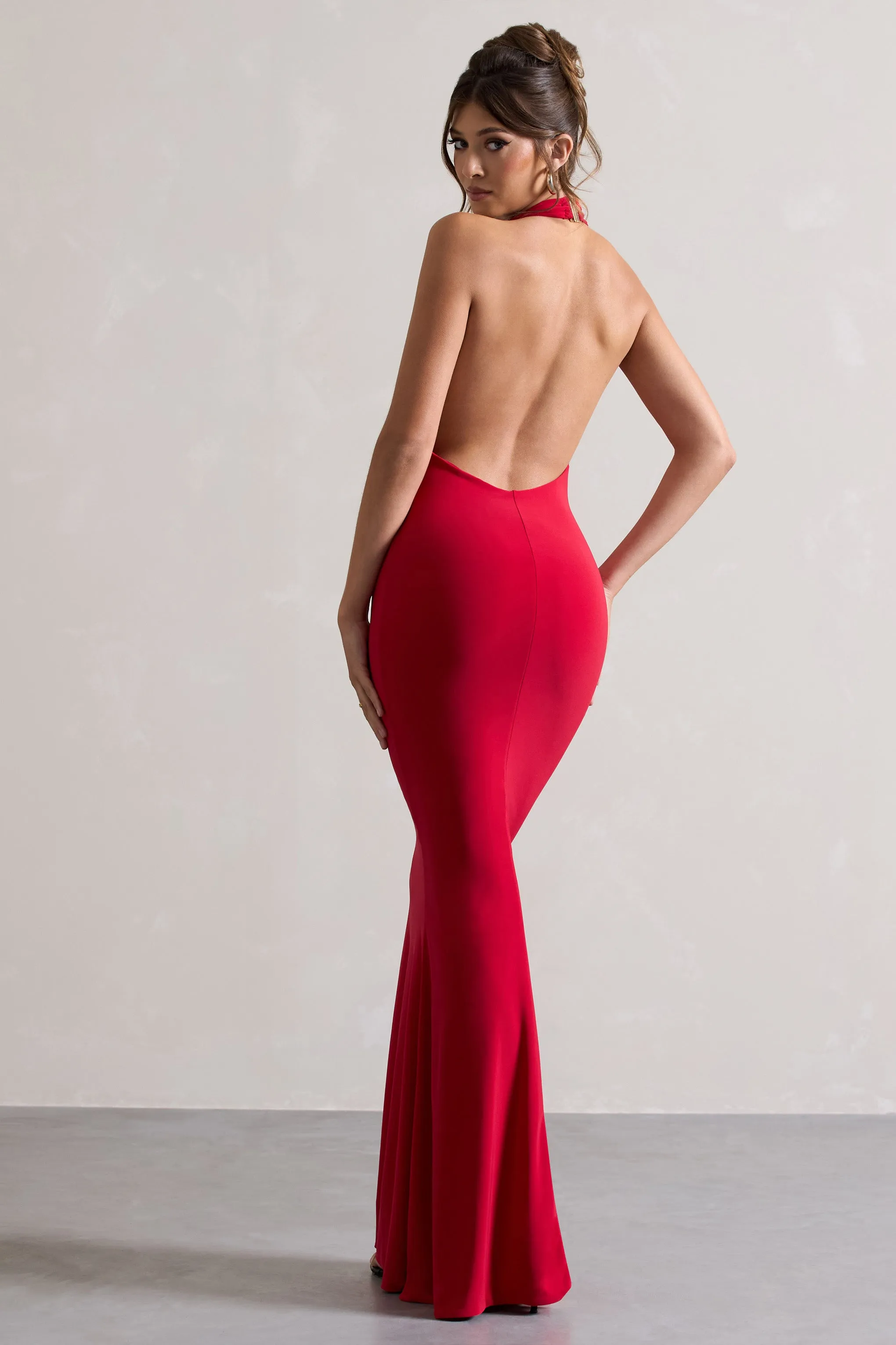 Milani | Red Backless Cowl Neck Fishtail Maxi Dress Club L London