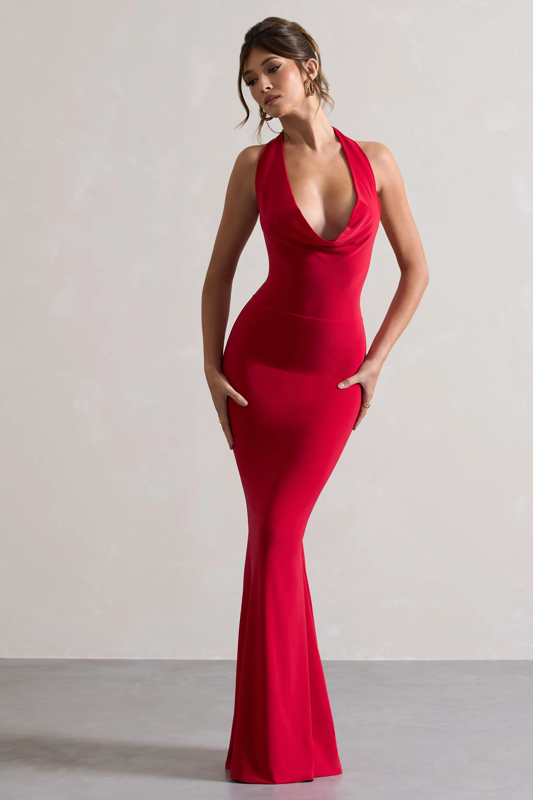 Milani | Red Backless Cowl Neck Fishtail Maxi Dress Club L London