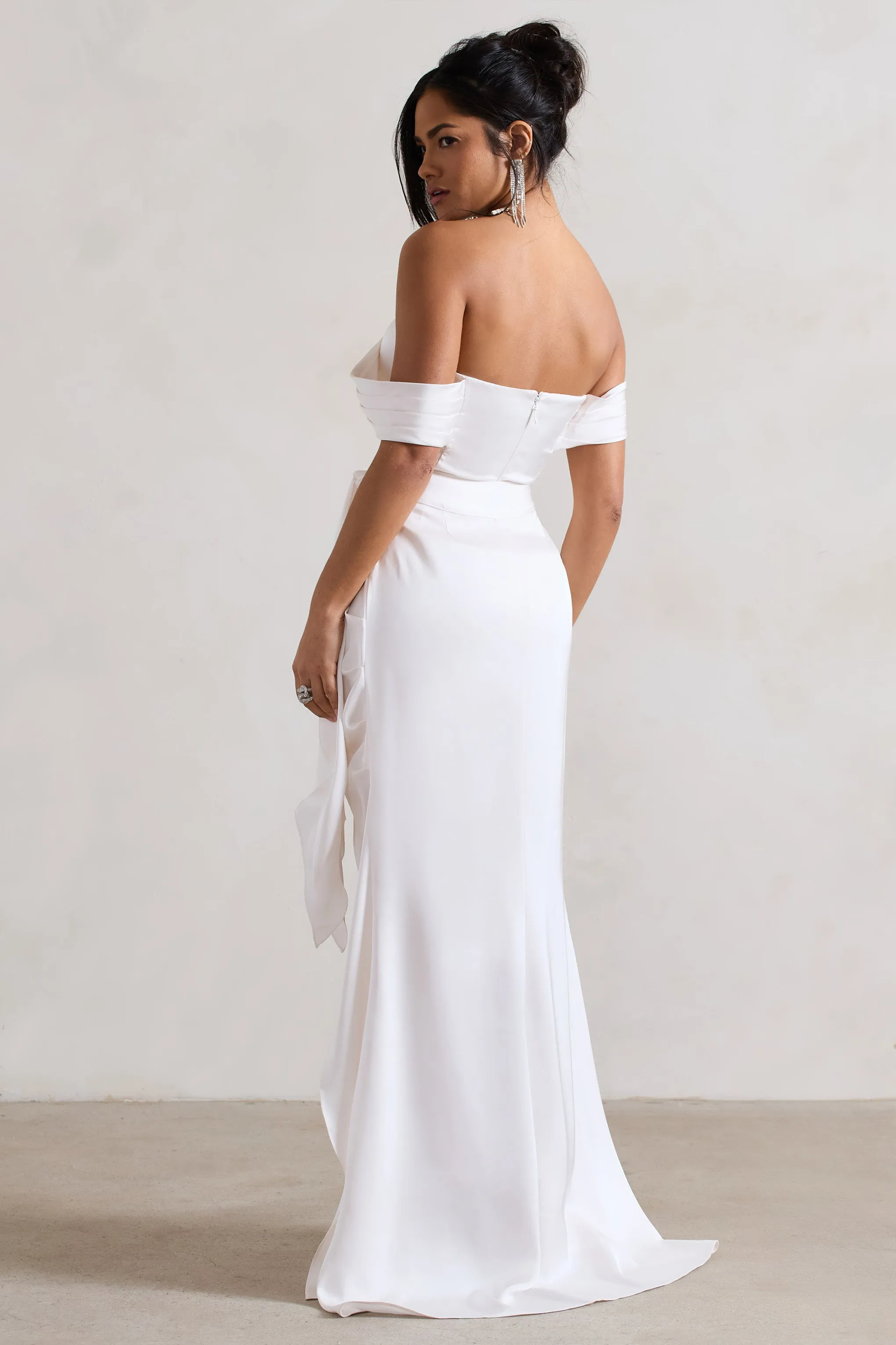 Milano | Cream Satin Bardot Maxi Dress With Detachable Skirt Club L London