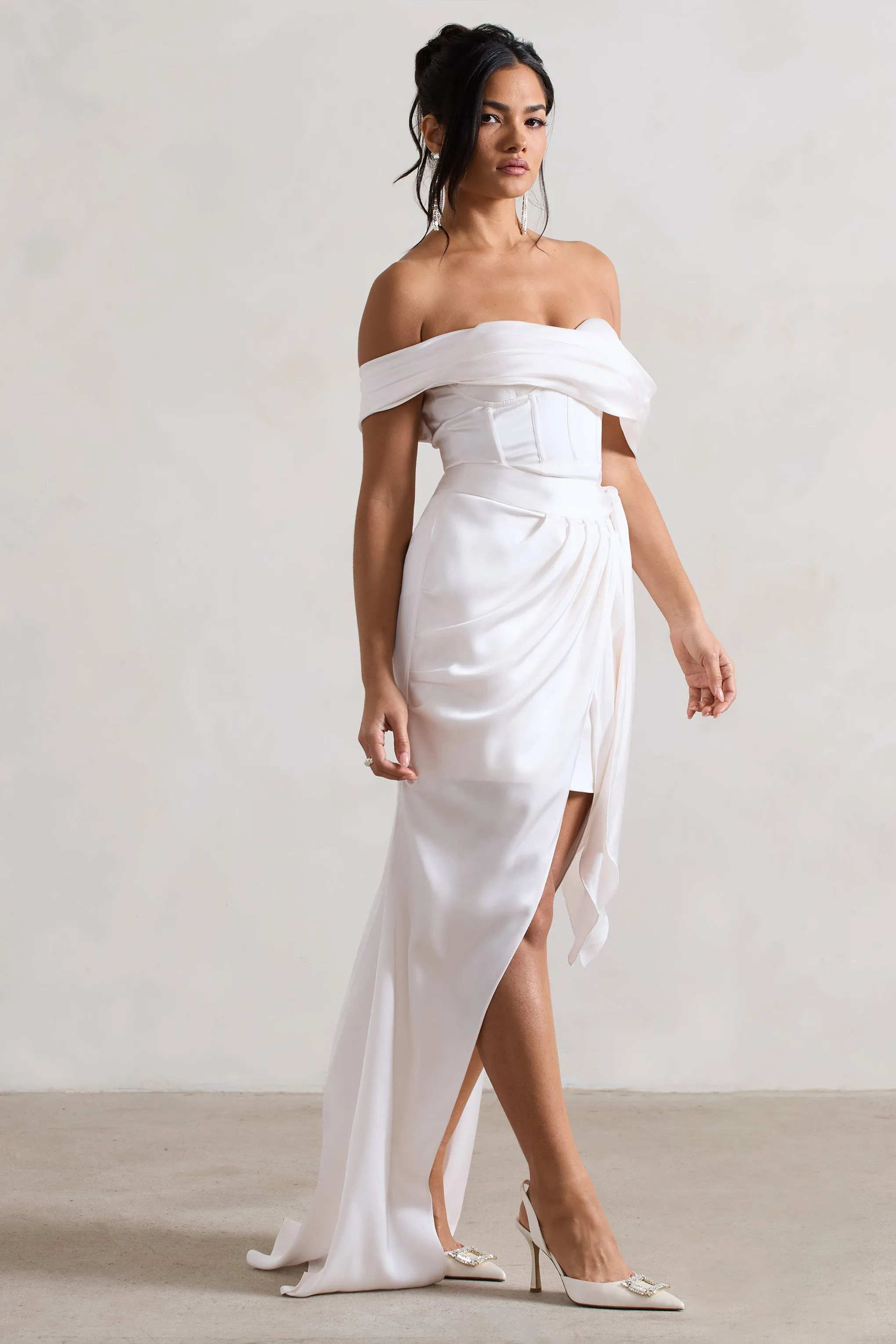 Milano | Cream Satin Bardot Maxi Dress With Detachable Skirt Club L London