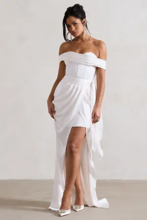 Milano | Cream Satin Bardot Maxi Dress With Detachable Skirt Club L London