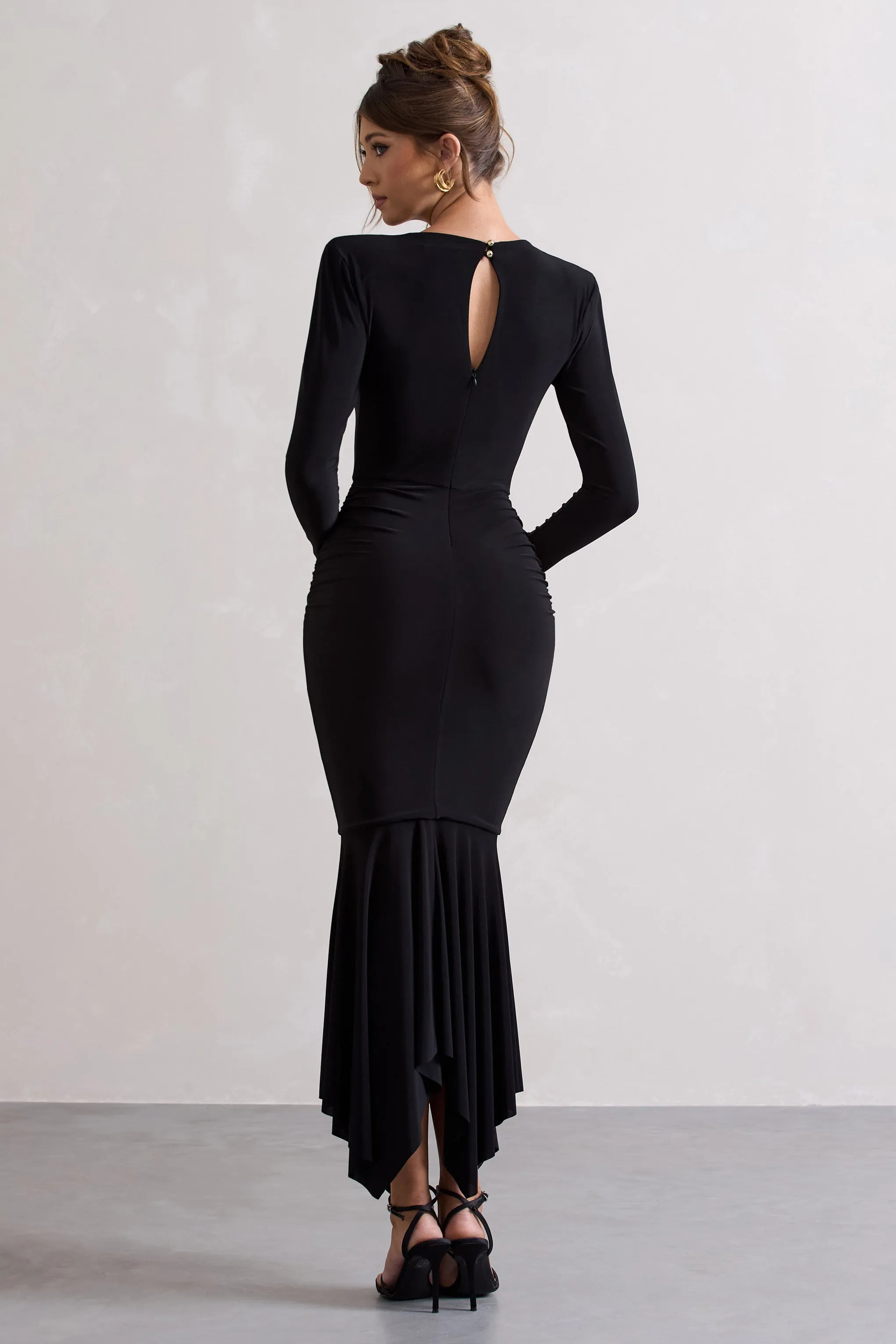 Milena | Black Plunge-Neck Maxi Dress With Draped Hem Club L London