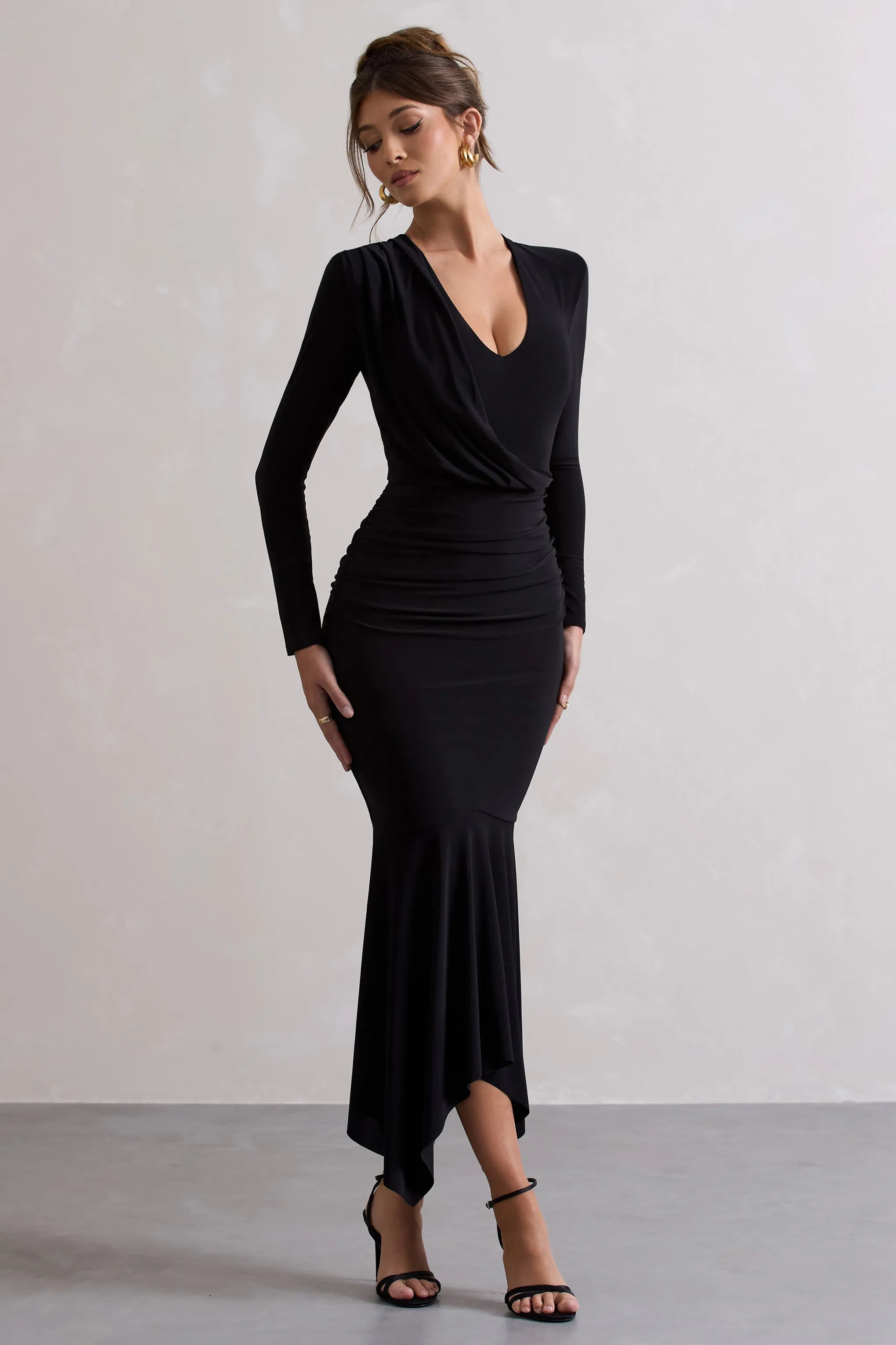 Milena | Black Plunge-Neck Maxi Dress With Draped Hem Club L London