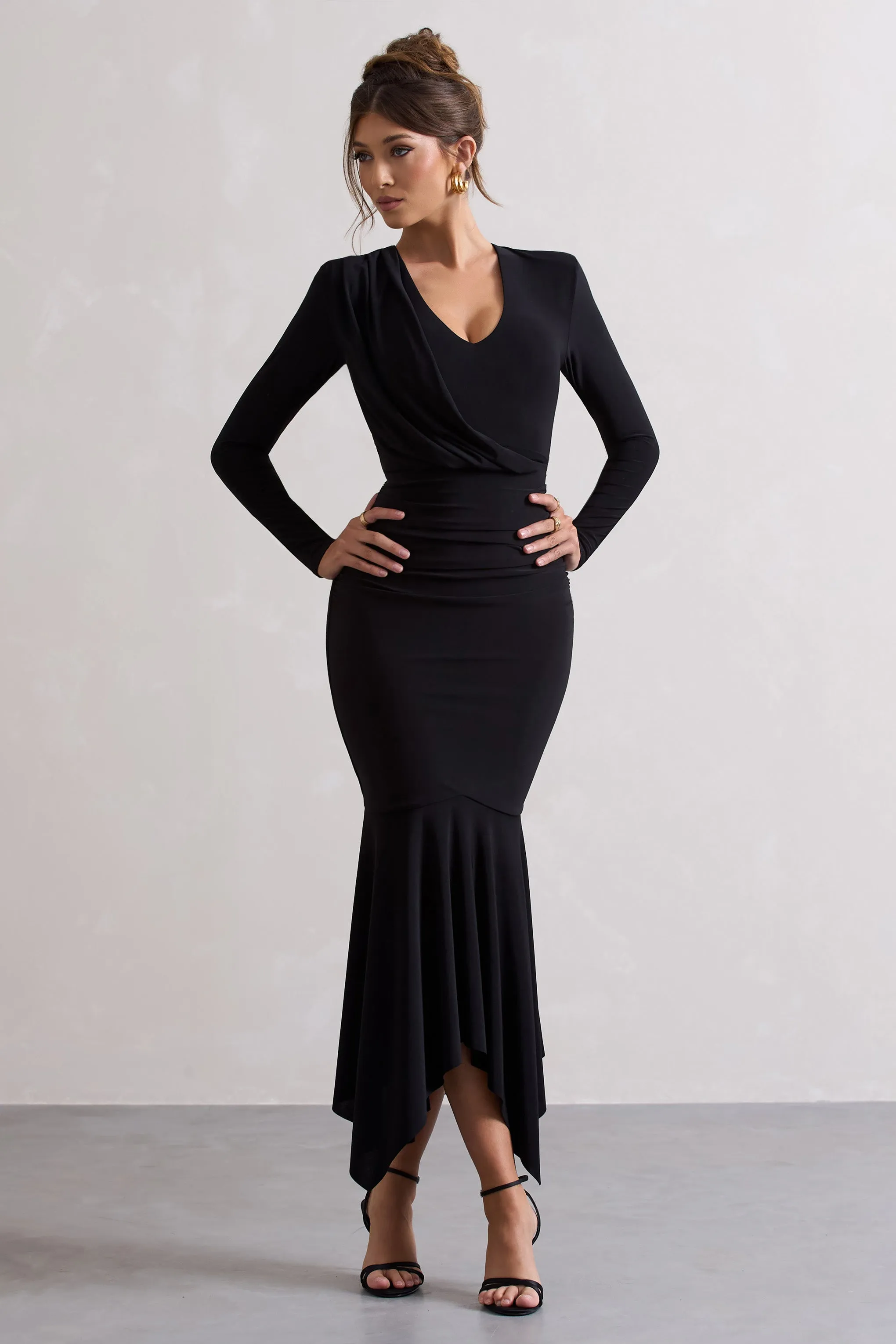Milena | Black Plunge-Neck Maxi Dress With Draped Hem Club L London